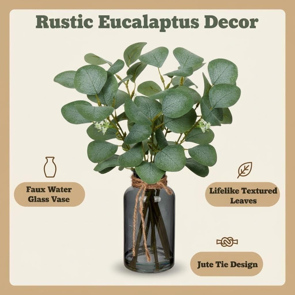 Artificial Eucalyptus Stems in Black Glass Vase with Faux Water, 14″ Fake Pla…