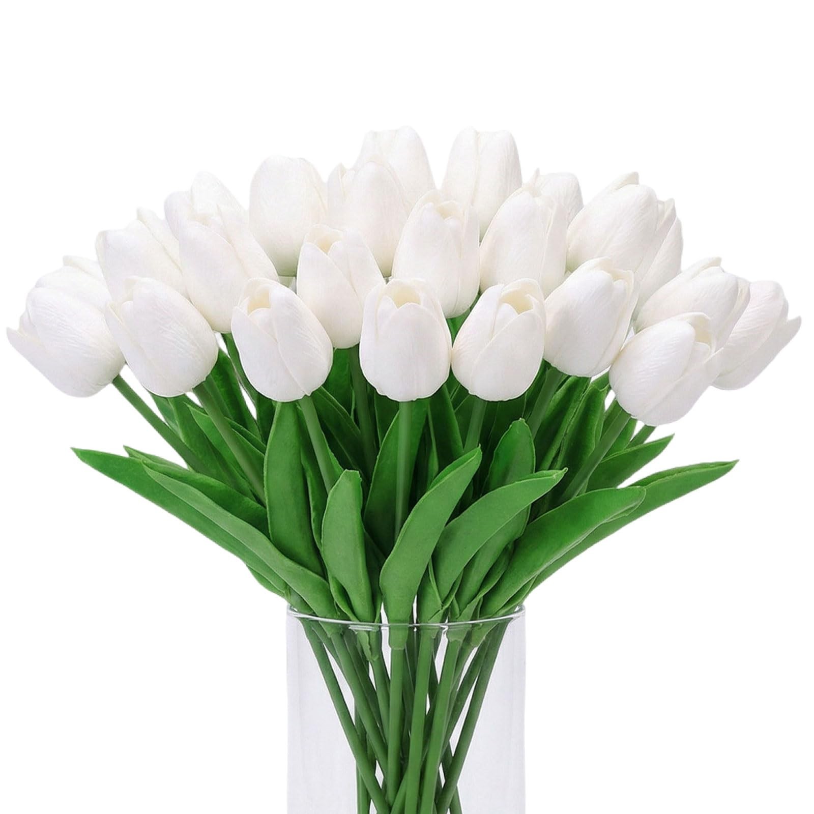 20 PCS White Tulip Artificial Flower 13.8 Inch PU Fake Bouquet Wedding Decor