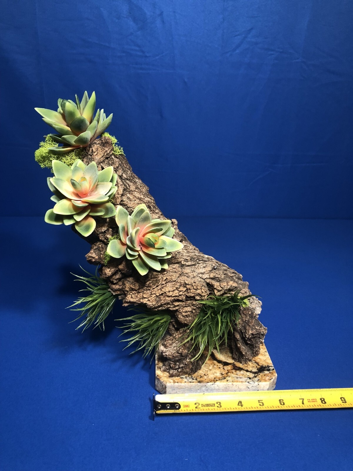 Artificial Succulent Air Plant Home Office Mounted on Real Wood Bark and Stone