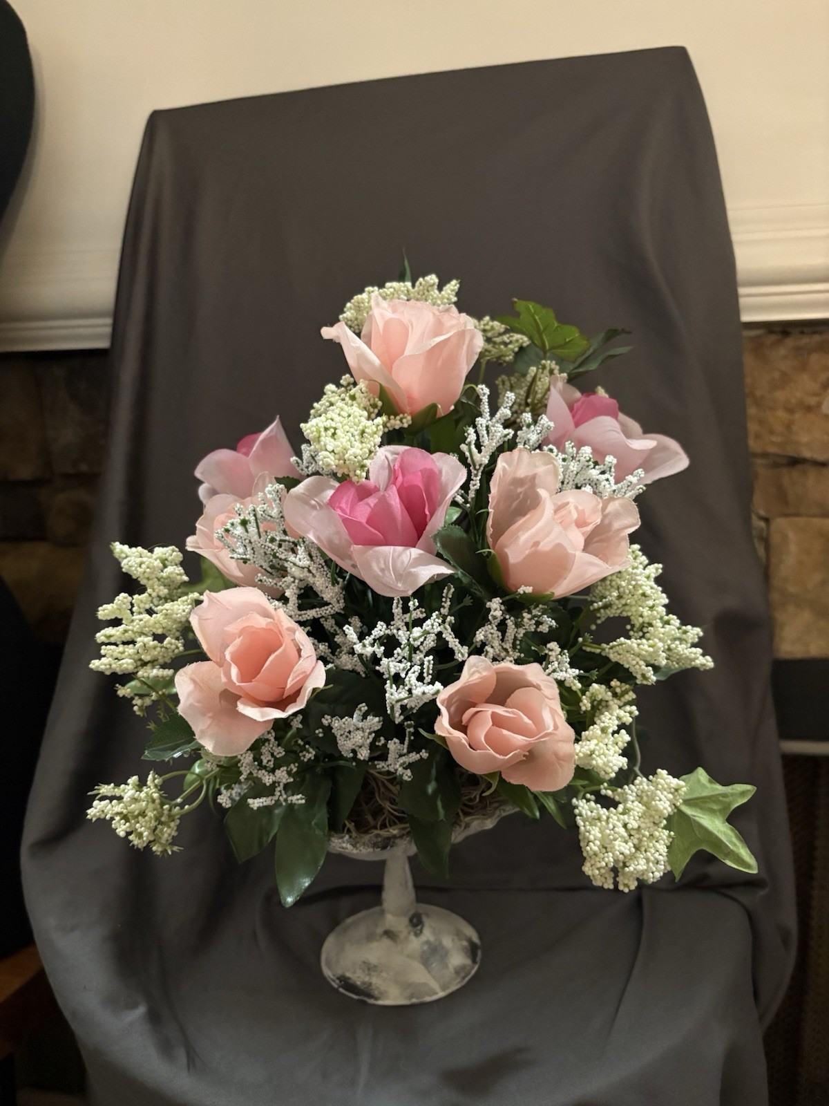 New Handmade 14 X 12” Floral Arrangement On Metal Stand With Pink Roses SKU L16
