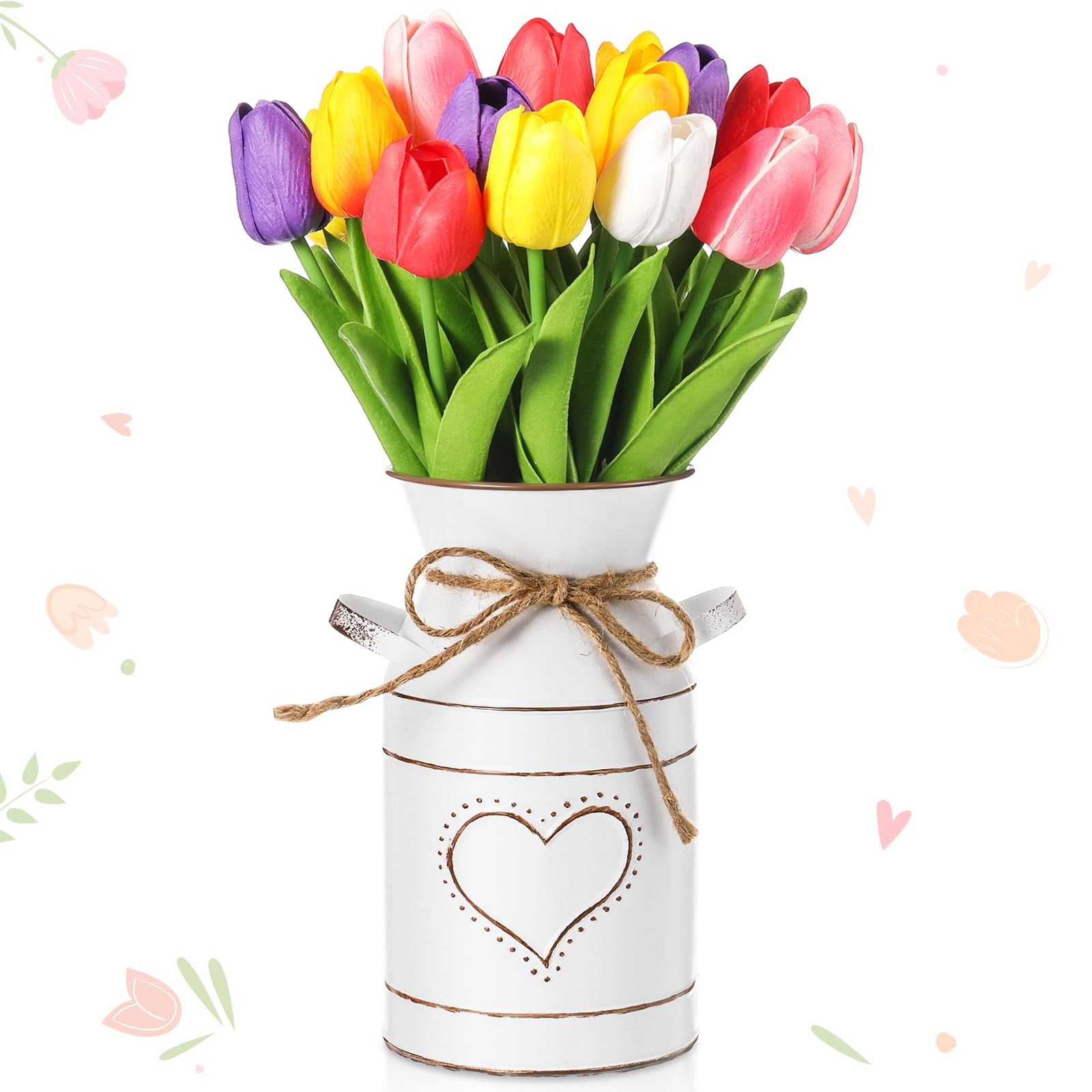 19 PCS Spring Easter Centerpieces 18 Artificial Tulip Bouquet 1 Metal Pot Vase