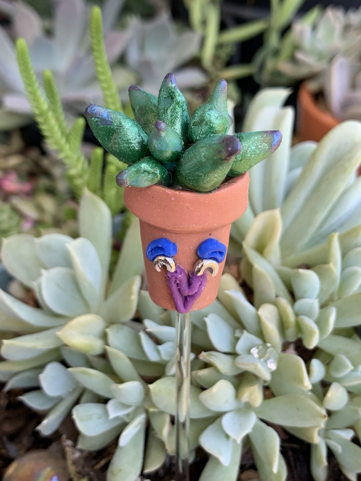 Handmade One of A Kind Polymer Clay Plant Stick “Pothead” Plant Deco
