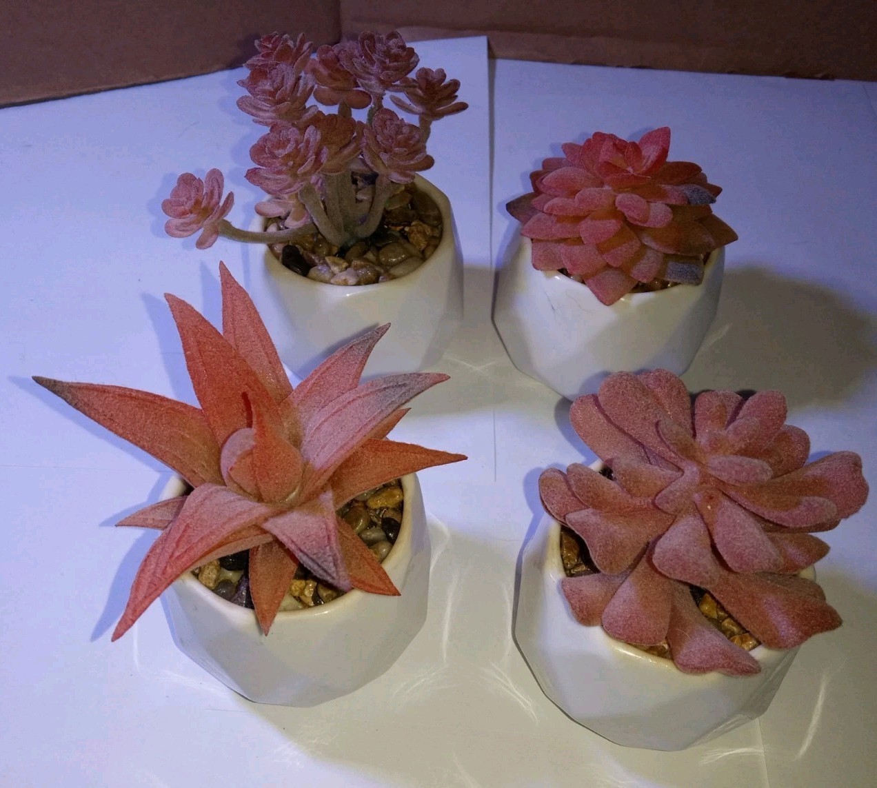 Faux Mini Pink Succulents In Ceramic Pots Set Of 4 Office, Home Decor