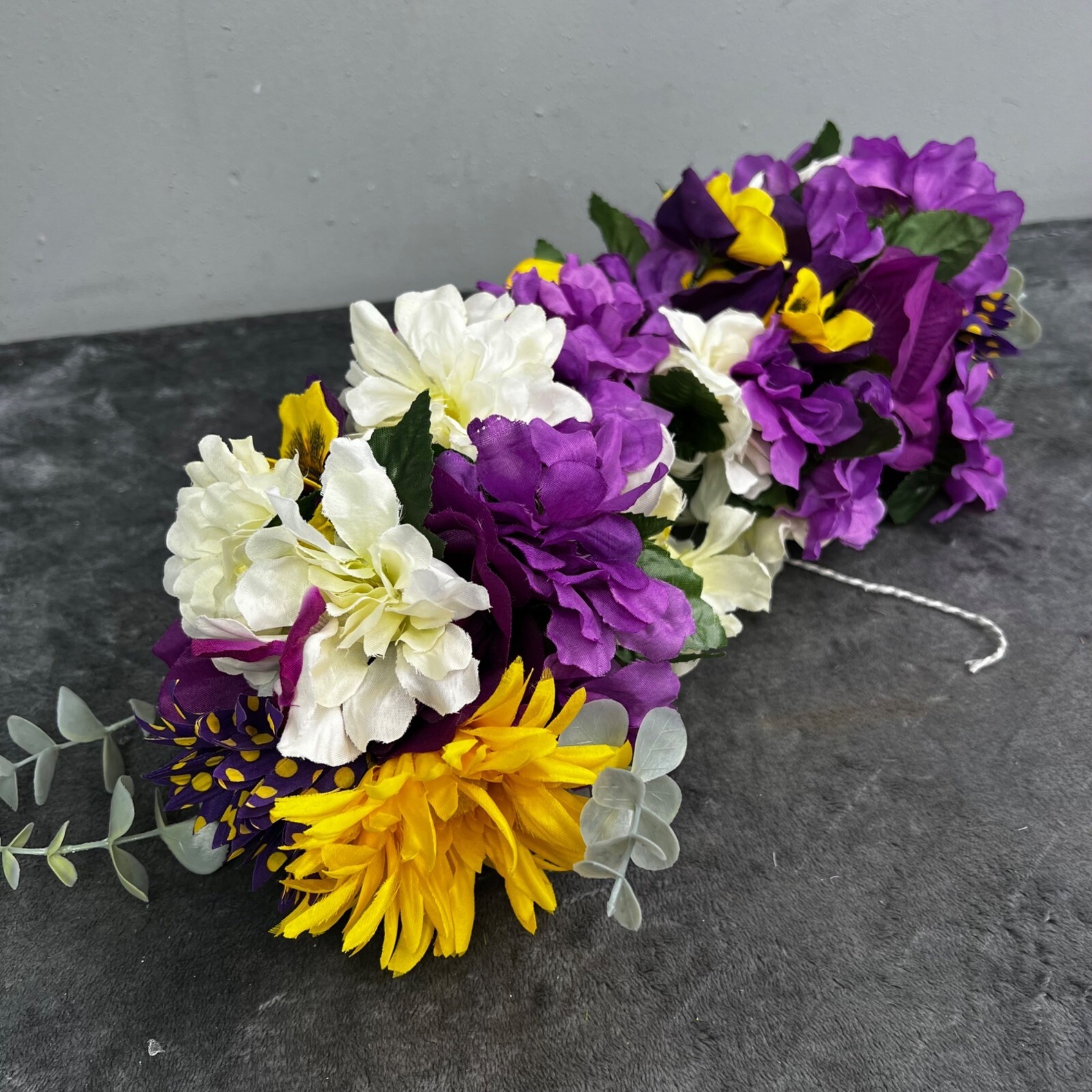 Floral Swag Purple Yellow White Green Faux Flowers Arch Curved Wood Sign Wedding