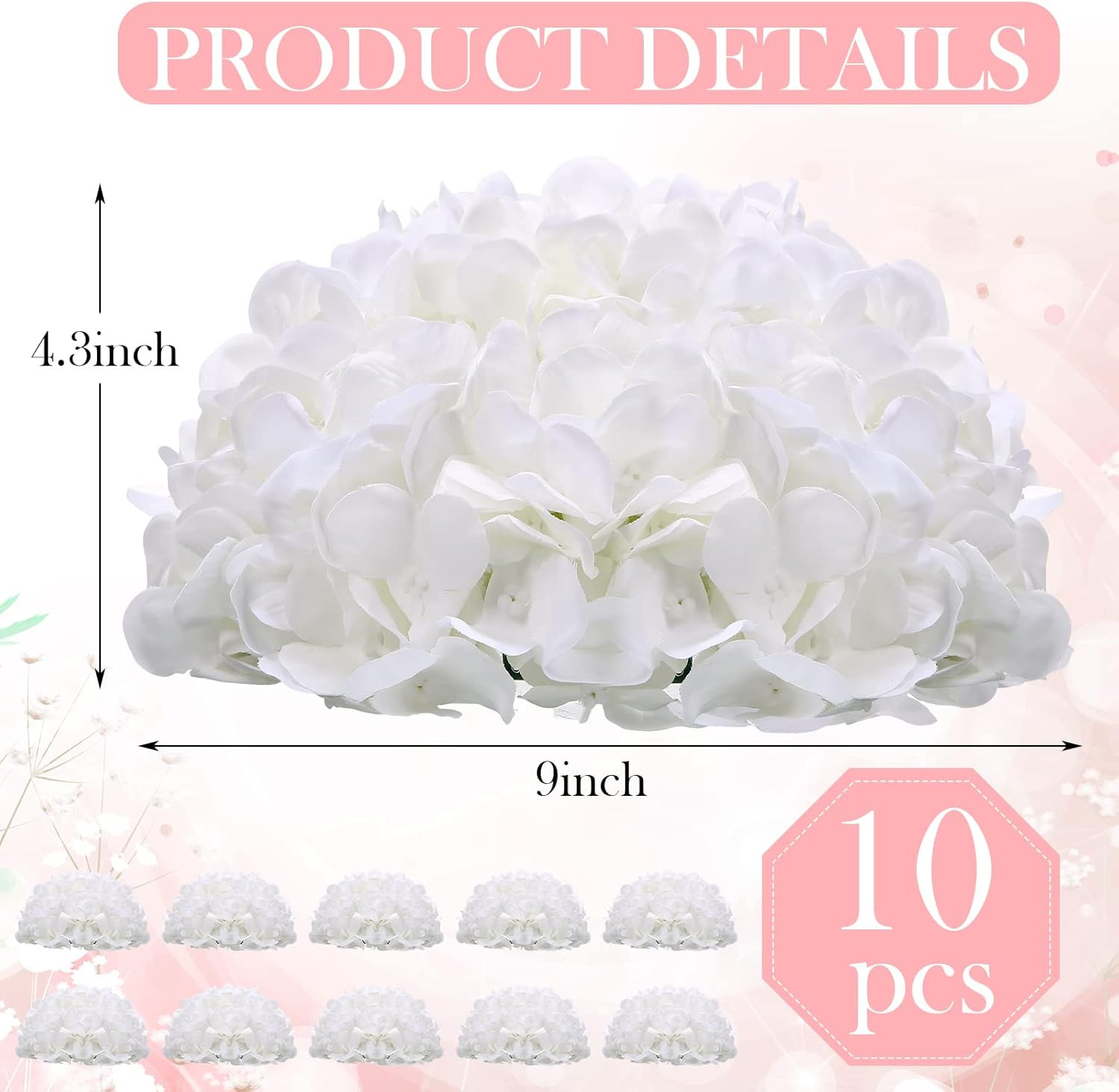10 Pcs White Silk Hydrangea Flowers for Wedding & Home Decor
