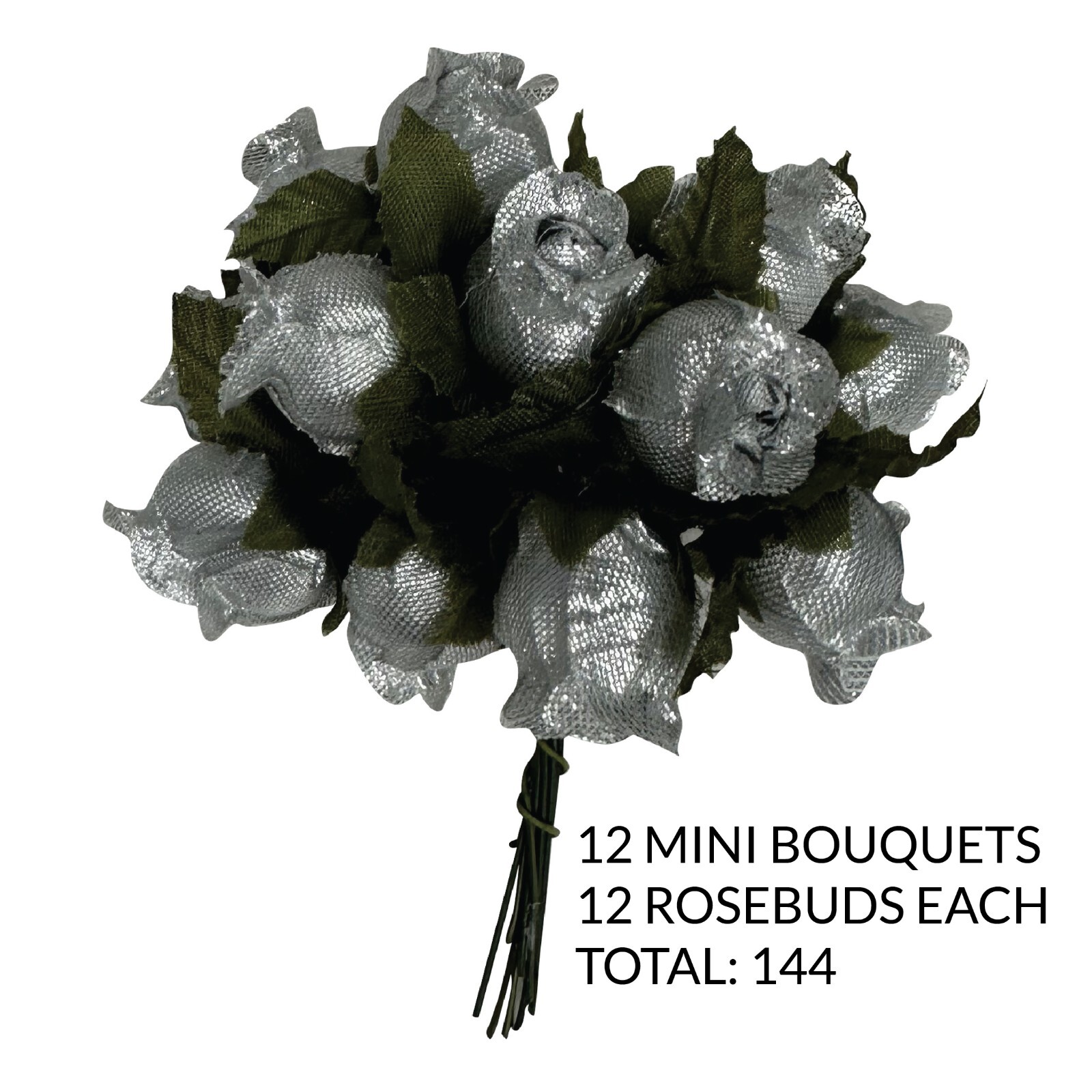 Silver Artificial Silk Flower Roses – 12 Mini Bouquets of 12 Rosebuds, 144 Total