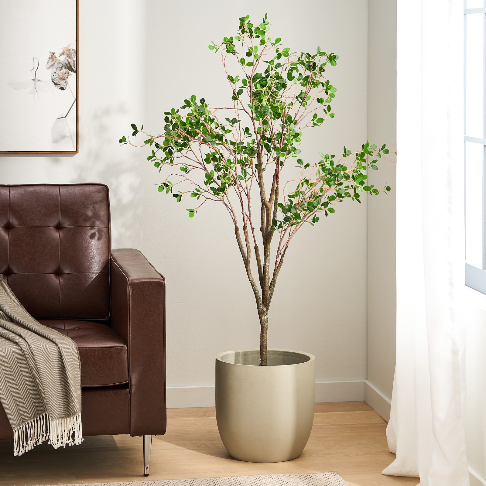 Artificial Leaf Tree 59 Inch Pre-Potted Realistic Faux Plant Indoor Decor