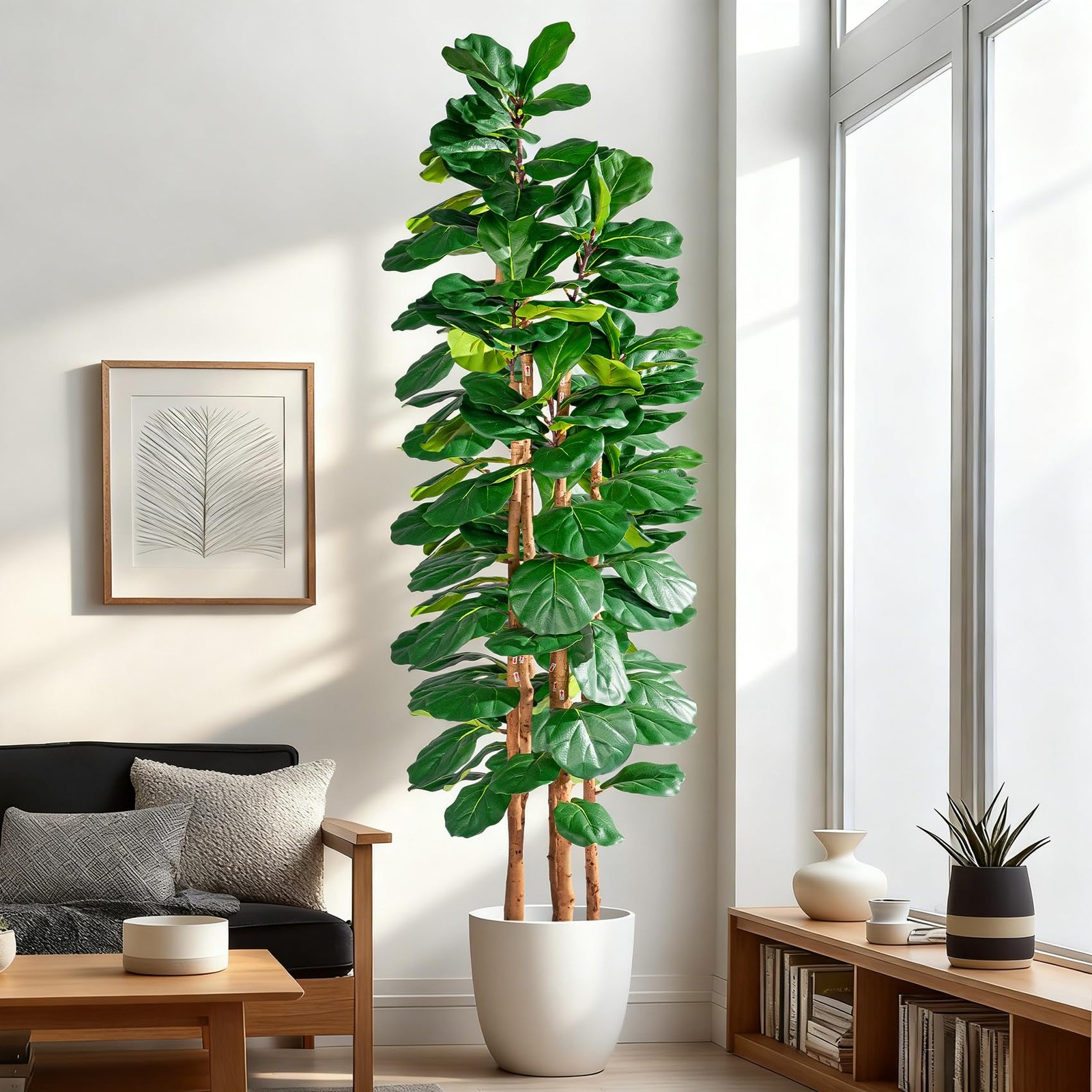 Artificial Fiddle Leaf Fig Tree 7FT, Faux Fig Tree Indoor with Natural Wood T…