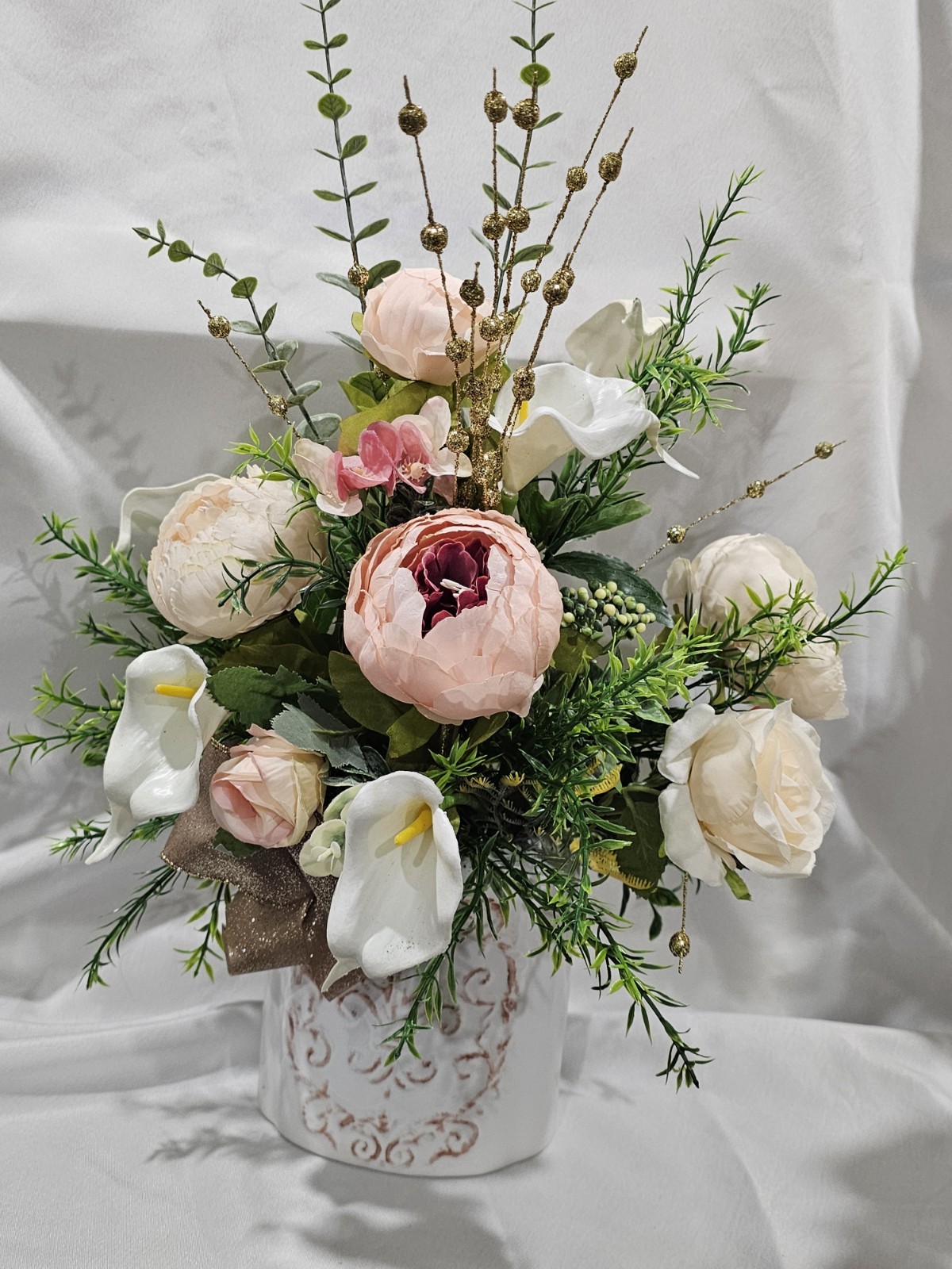 Artificial Flower Arrangement Peonies Calla Lilies Glistening Gold Accen & Vase