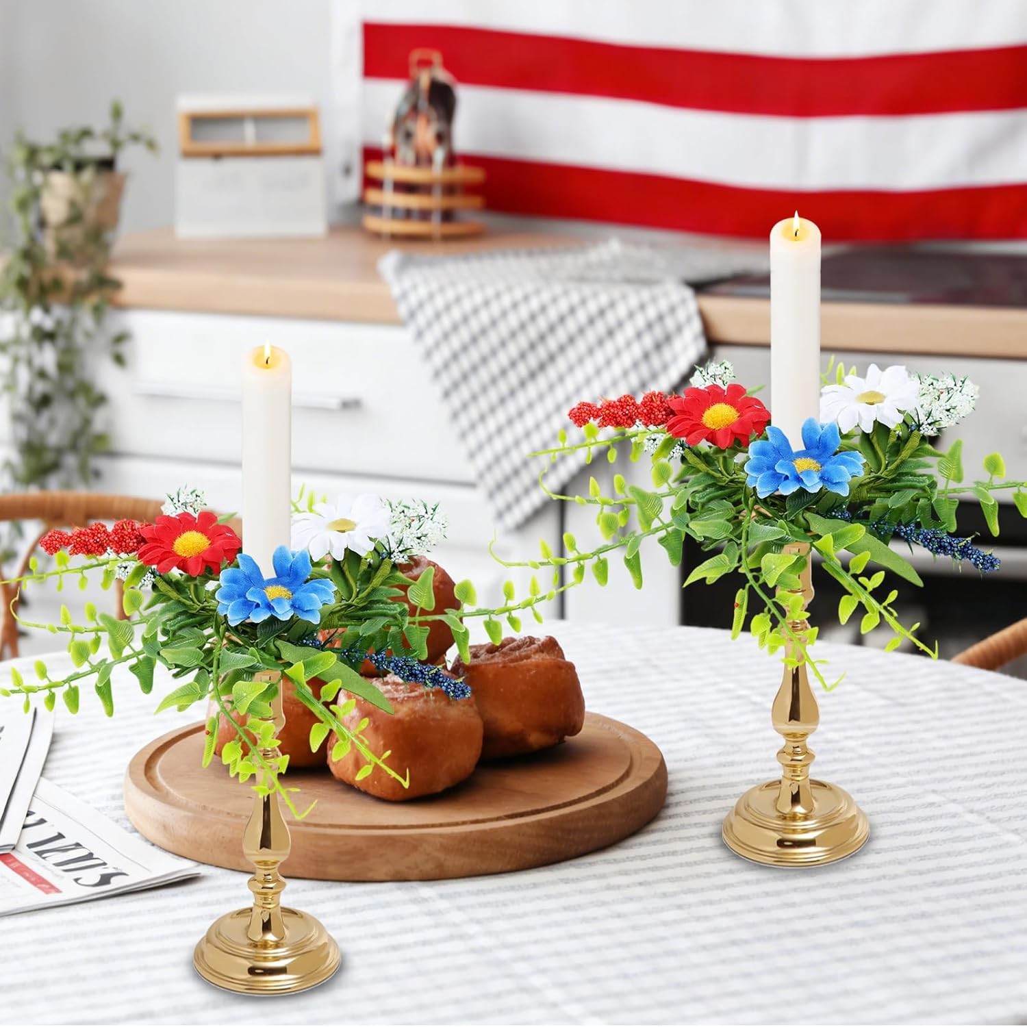 6 PCS Patriotic American Taper Candle Rings Wreaths 4th of July Mini Decor