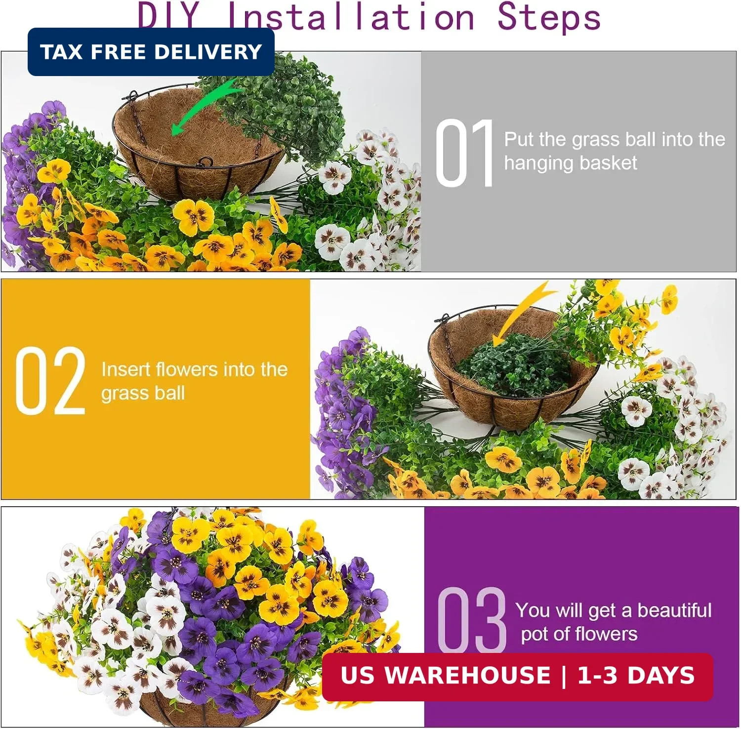 2 Sets Artificial Hanging Pansy Flowers with Baskets, 24 Pcs UV Resista