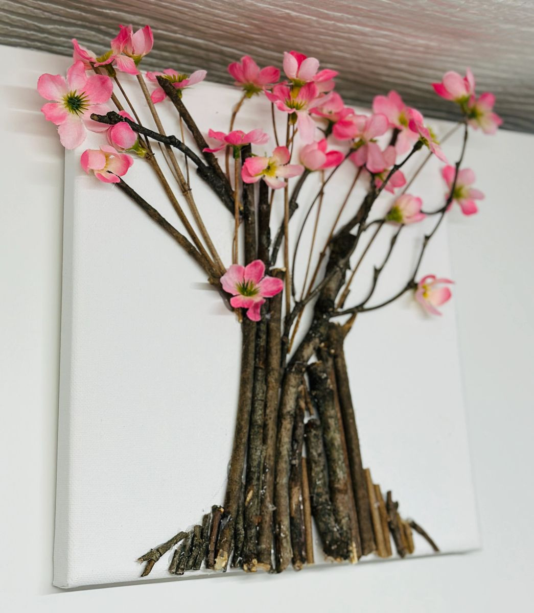Canvas Art Set- Woodland Trees with Pink and White Flowers – 3 Dimensional