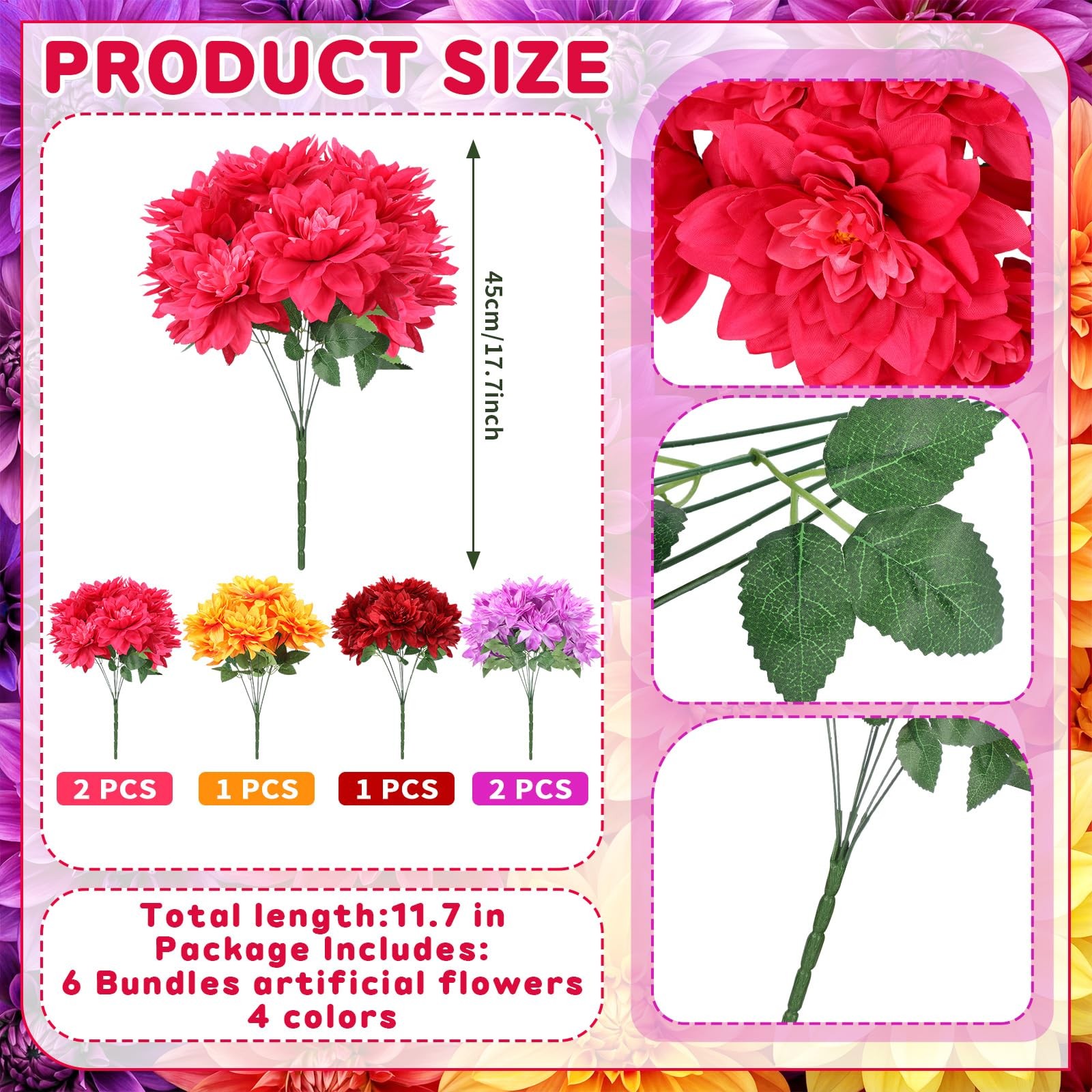 6pcs Spring Flora Dahlia Artificial Flowers for Outside 42 Heads Silk Dahlias…