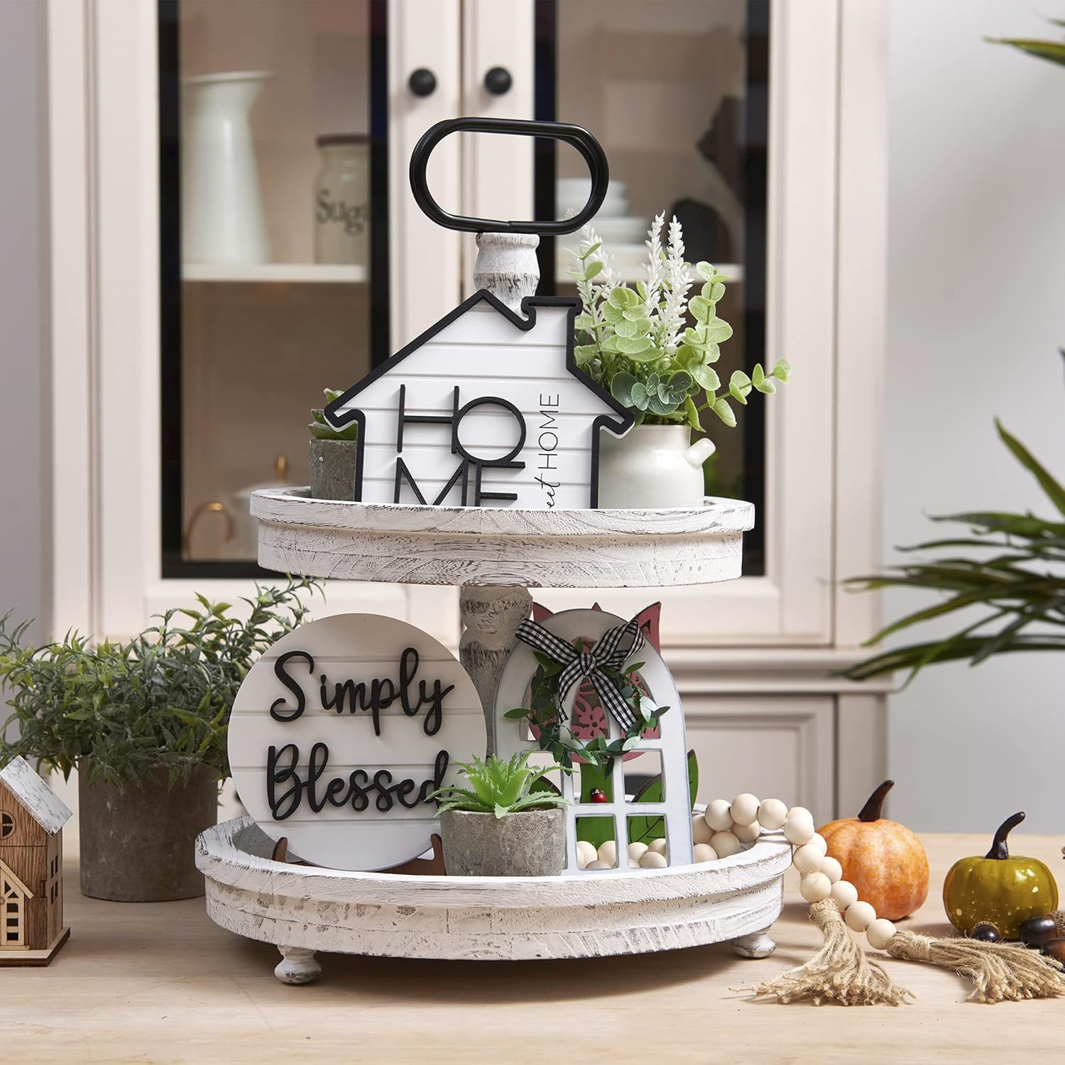 Set of 8 Farmhouse Tiered Tray Decor with 1 Artificial Succulent Plant & 1 Artif