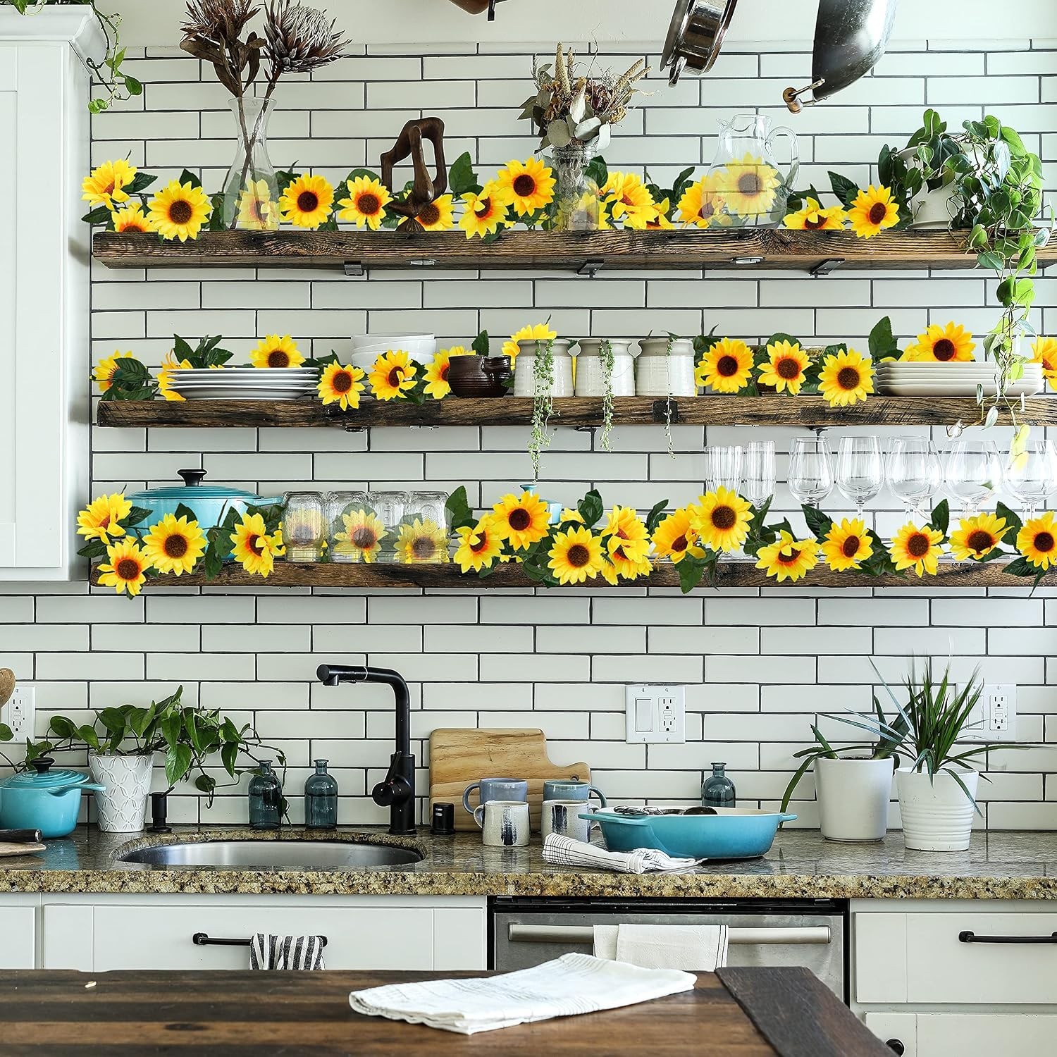 Artificial Sunflower Garland 3 Pack 7.5ft Silk Flowers with Green Leaves