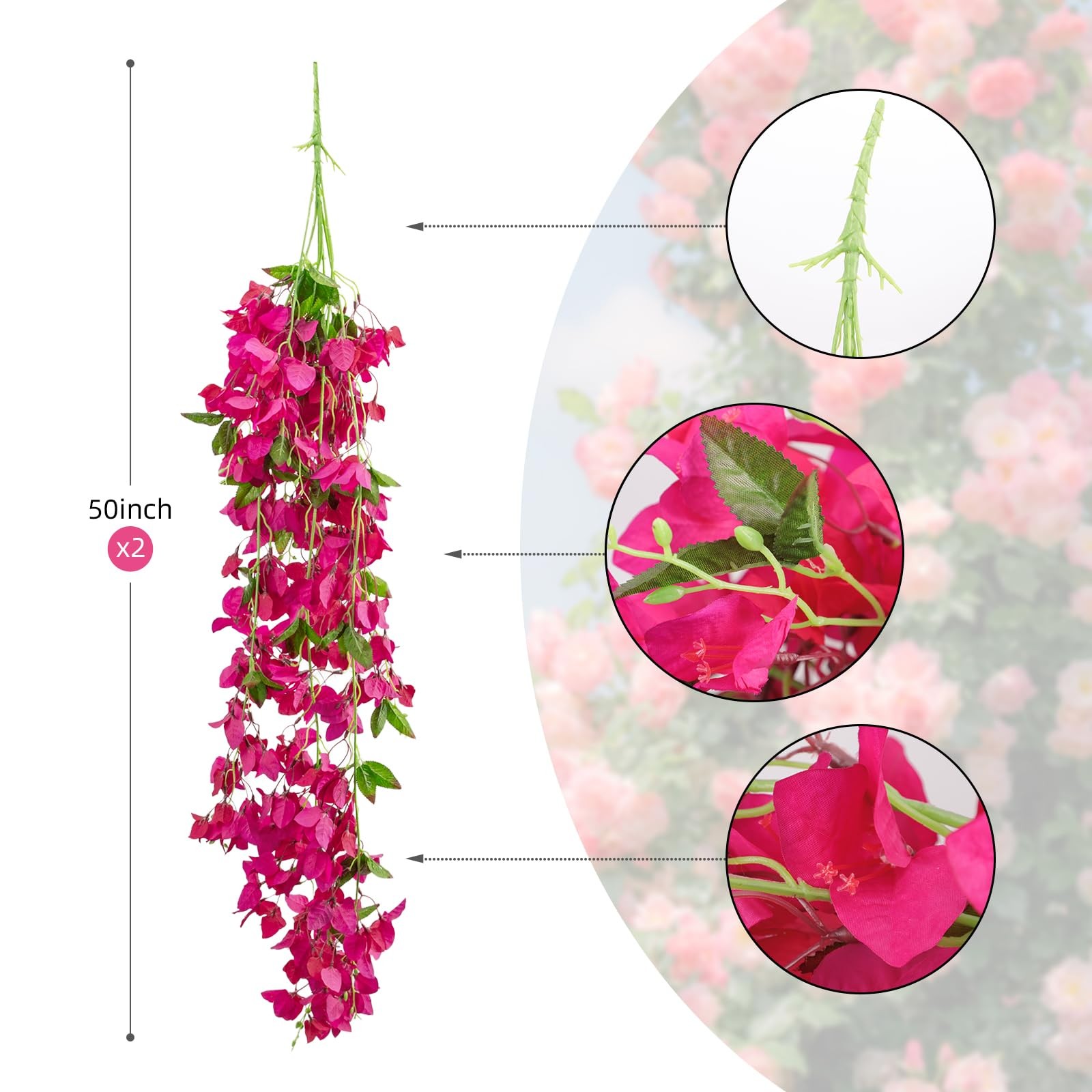 2 PCS 50 Inch Silk Bougainvillea Artificial Flowers, Faux Triangle Plum Flowe…