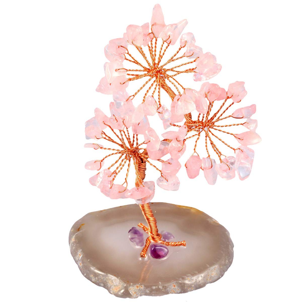 Rose Quartz Crystal Tree Agate Slice Base Healing Stones Money Tree Decoratio…