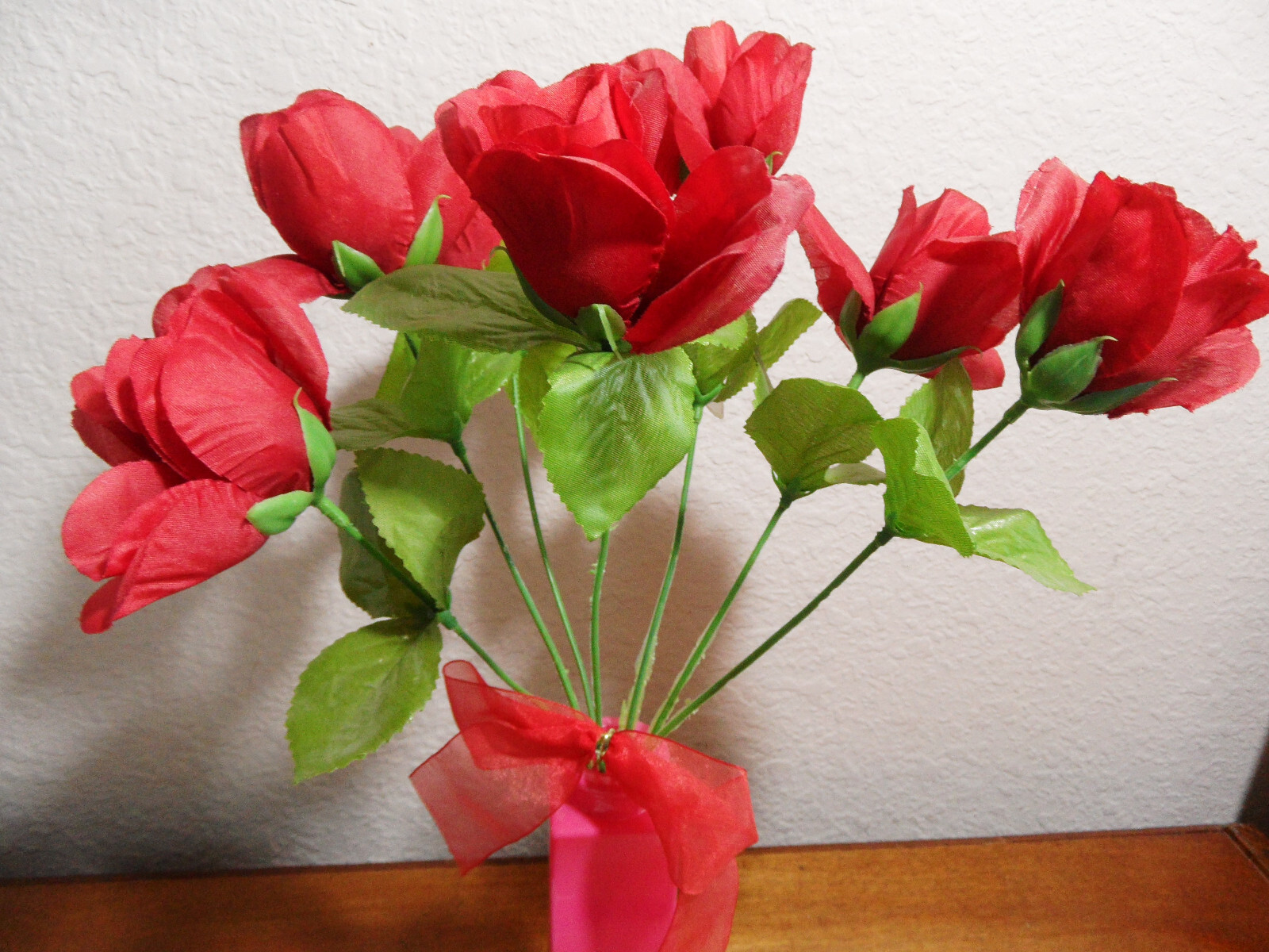 Valentine Artificial Red Bud Rose Bushes in Pink IKEA Vase with red Bow