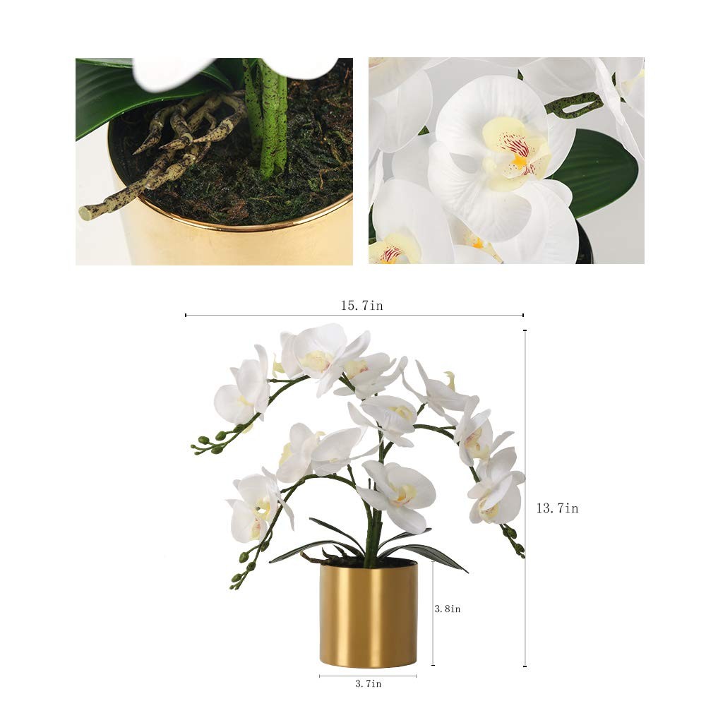 Artificial White Orchid Flowers Real Touch Faux Arrangement Gold Vase Decor