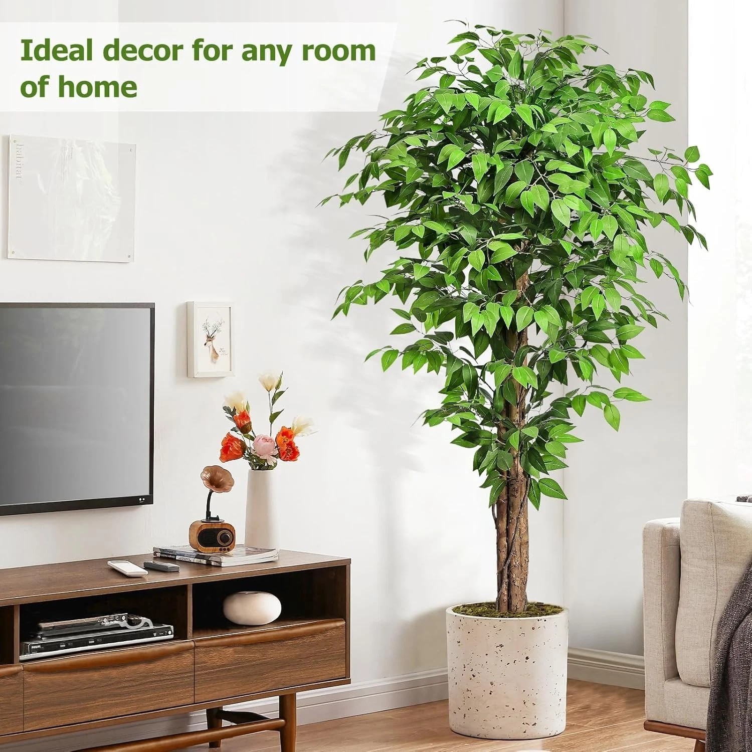 6.2ft Ficus Artificial Trees with 3 Natural Curved Trunks, 74″ Tall Lush Faux…