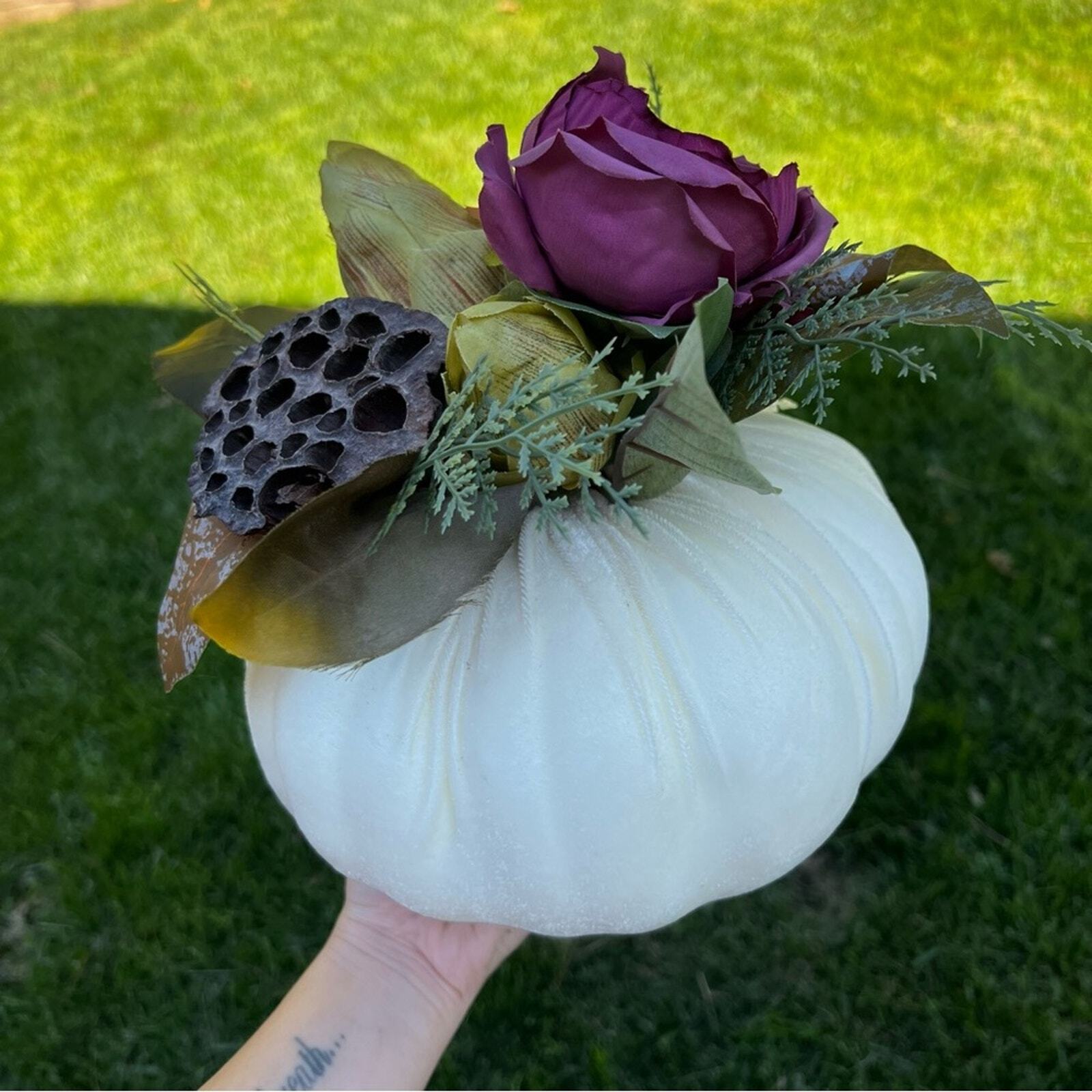 White Velvet Fabric Pumpkin With Faux Floral Arrangement Table Decor Handmade