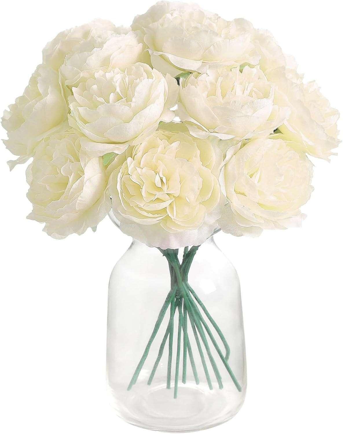12 PCS Artificial Silk Ivory Peony Flowers with Stems – 8 Inch Fake Peony Bou…