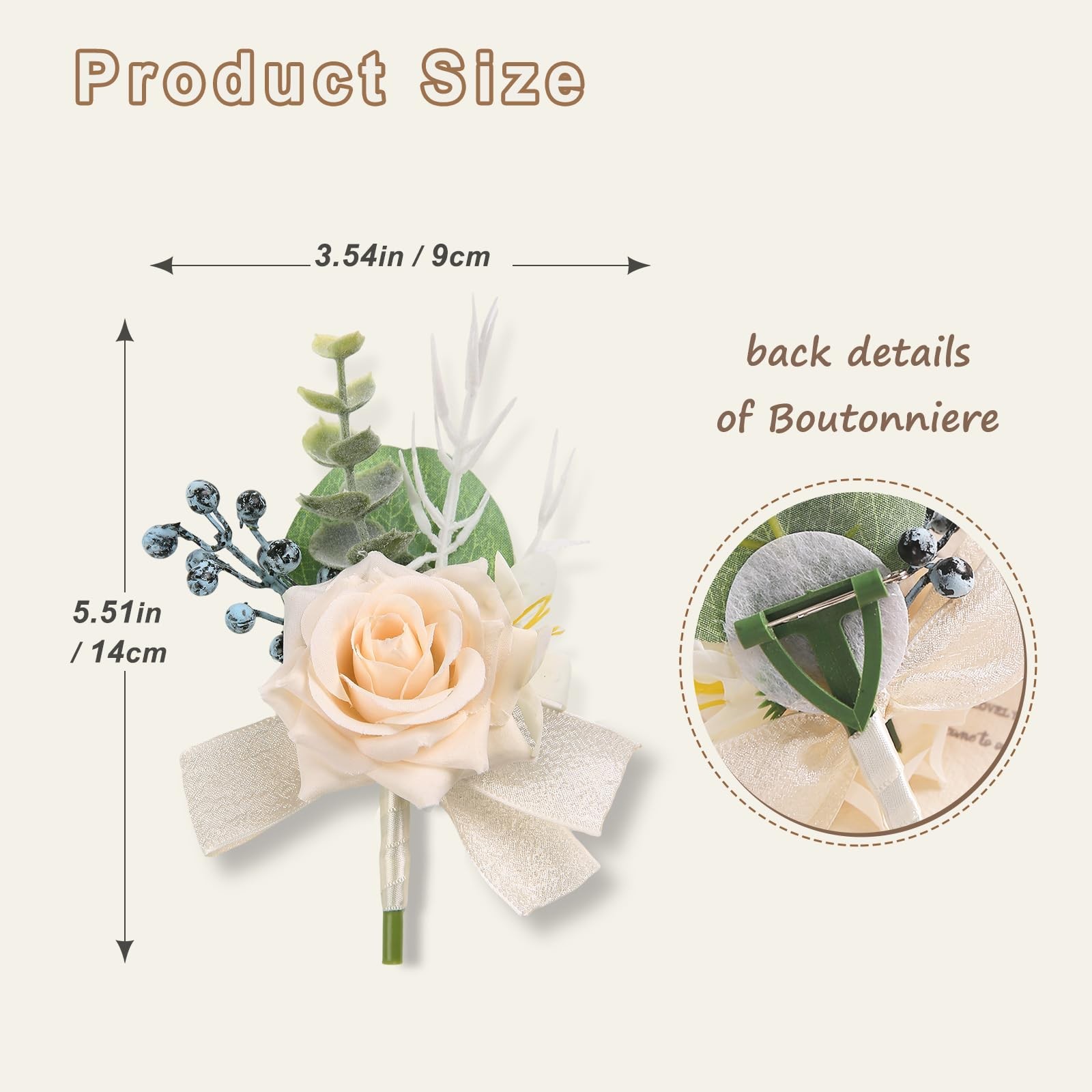 6Pcs Champagne Boutonnieres for Men Faux Rose at Formal Wedding