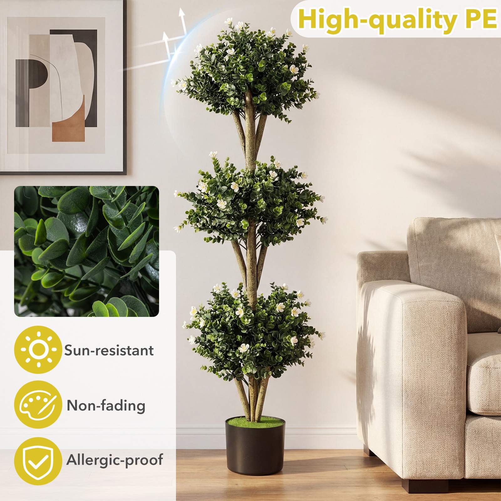 51” Artificial Triple Ball Boxwood Topiary Tree with 59 Blossoms for Porch Home