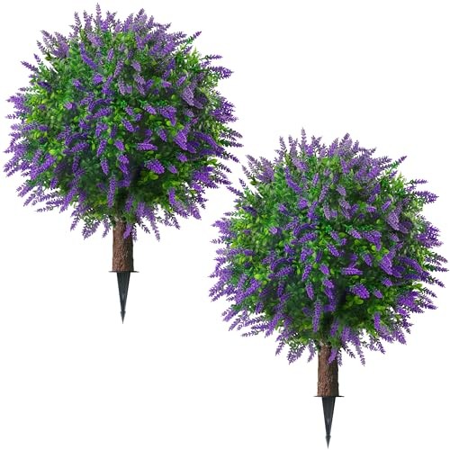 5.5″ Set of Artificial Lavender Topiary Ball Trees, Faux Lavender 2 Purple