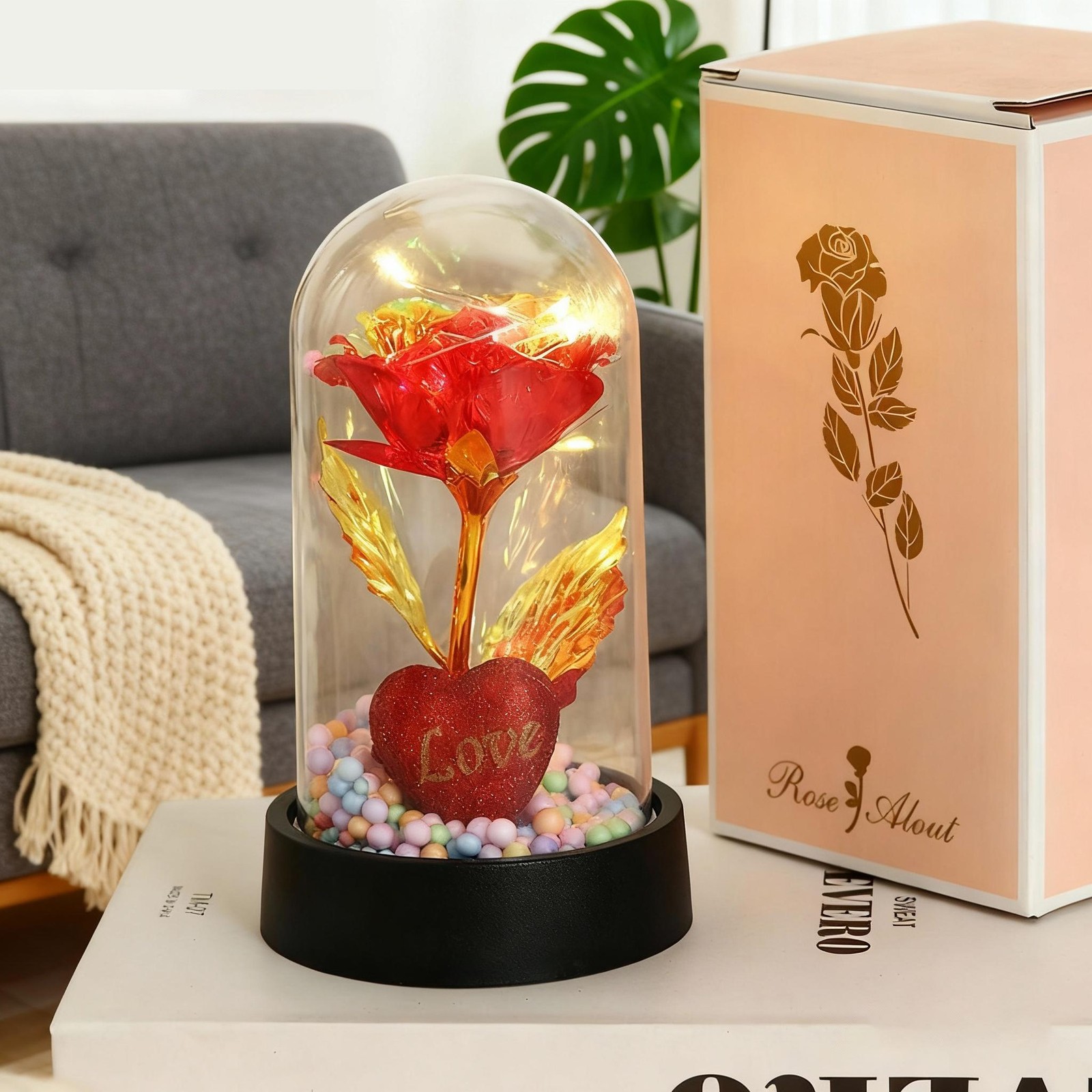 Golden Foil Flower with Lamp Eternal Rose Night Light Simulation Rose Desktop De
