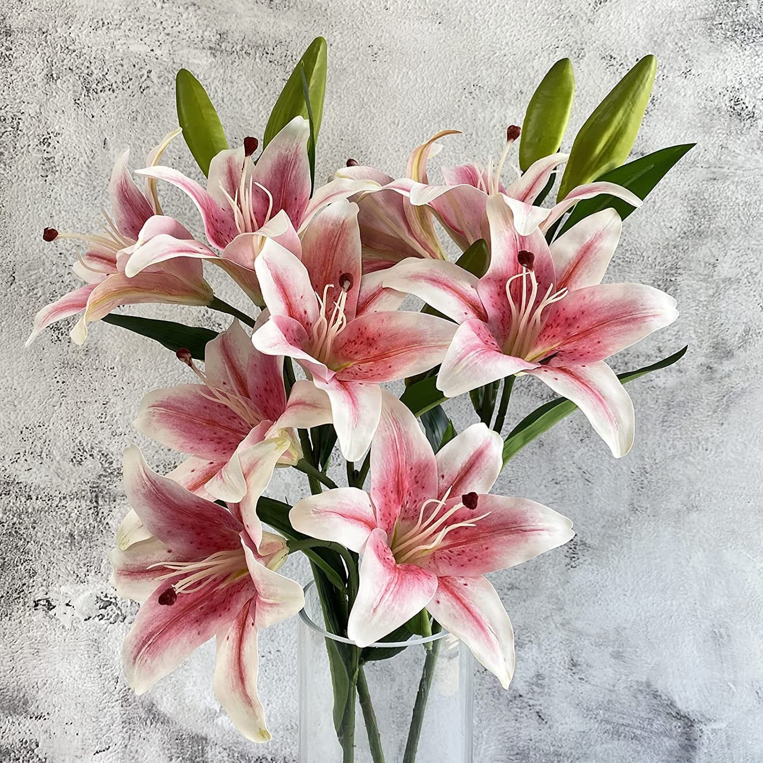 Yalzone 2 Pcs 28 inch Pink Artificial Lily Flowers Fake Real Touch Lily 3 Hea…