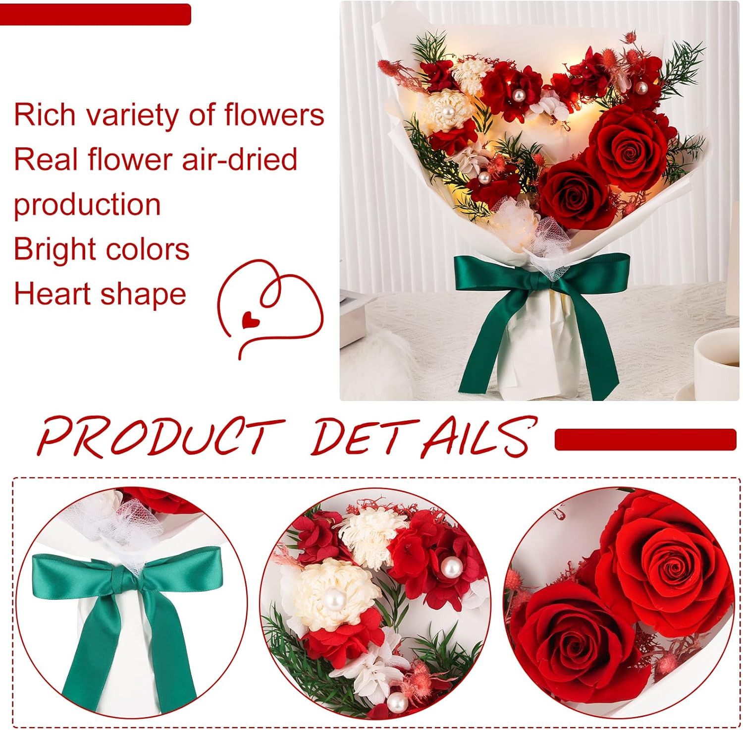 Forever Flowers Preserved Flower Bouquet Red Roses Heart Shape Natural Real Long