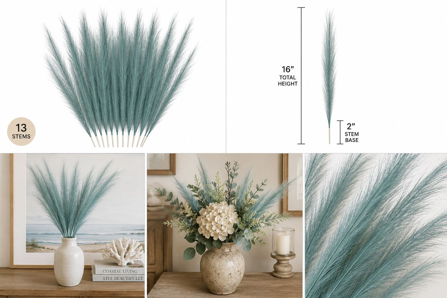 Teal Pampas Grass Stems 13 Pc Wispy Artificial Filler Grass 16 Inch Faux Floral