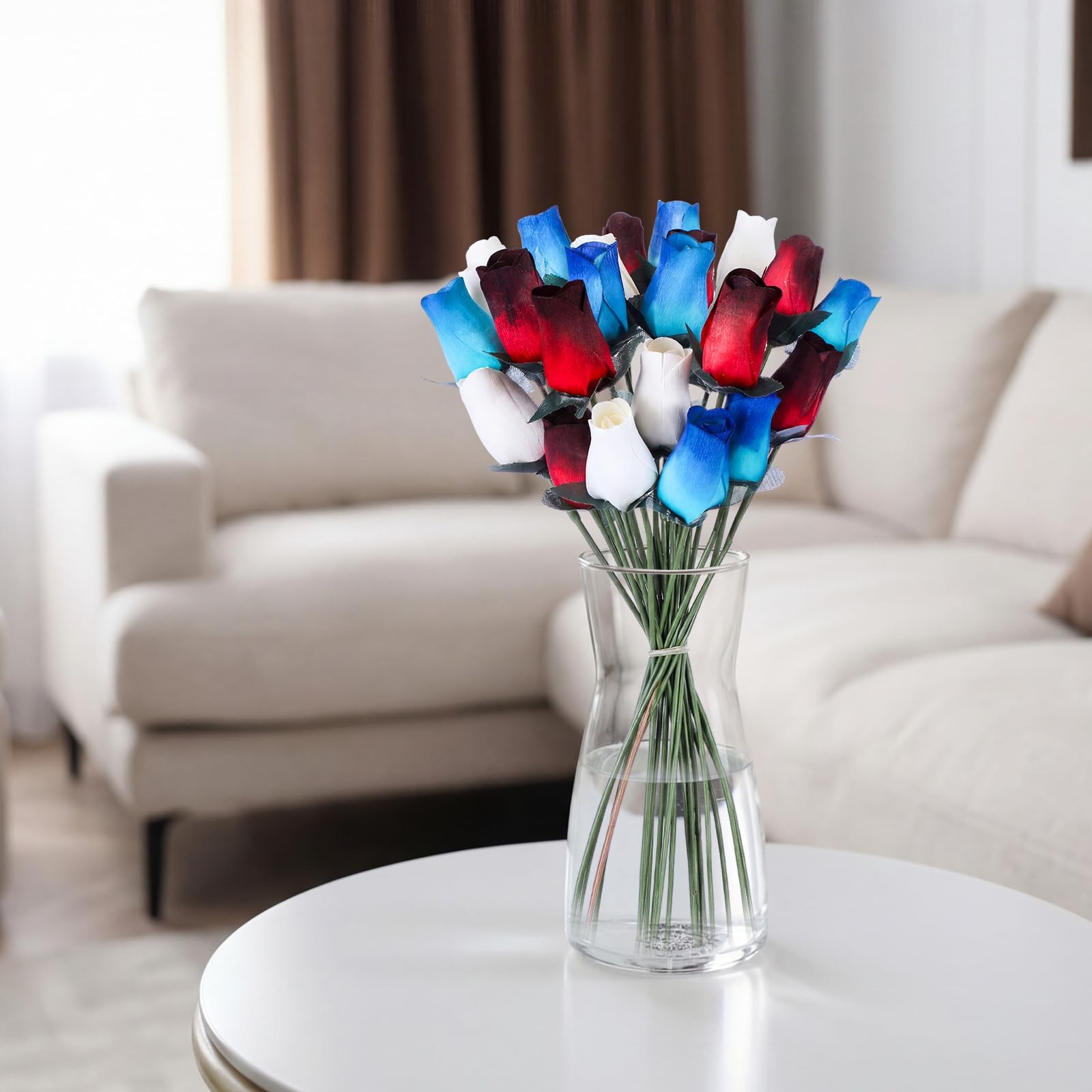 24 Pcs Realistic Patriotic Wooden Roses, 13 Inch Red Blue White Patriotic Bea…