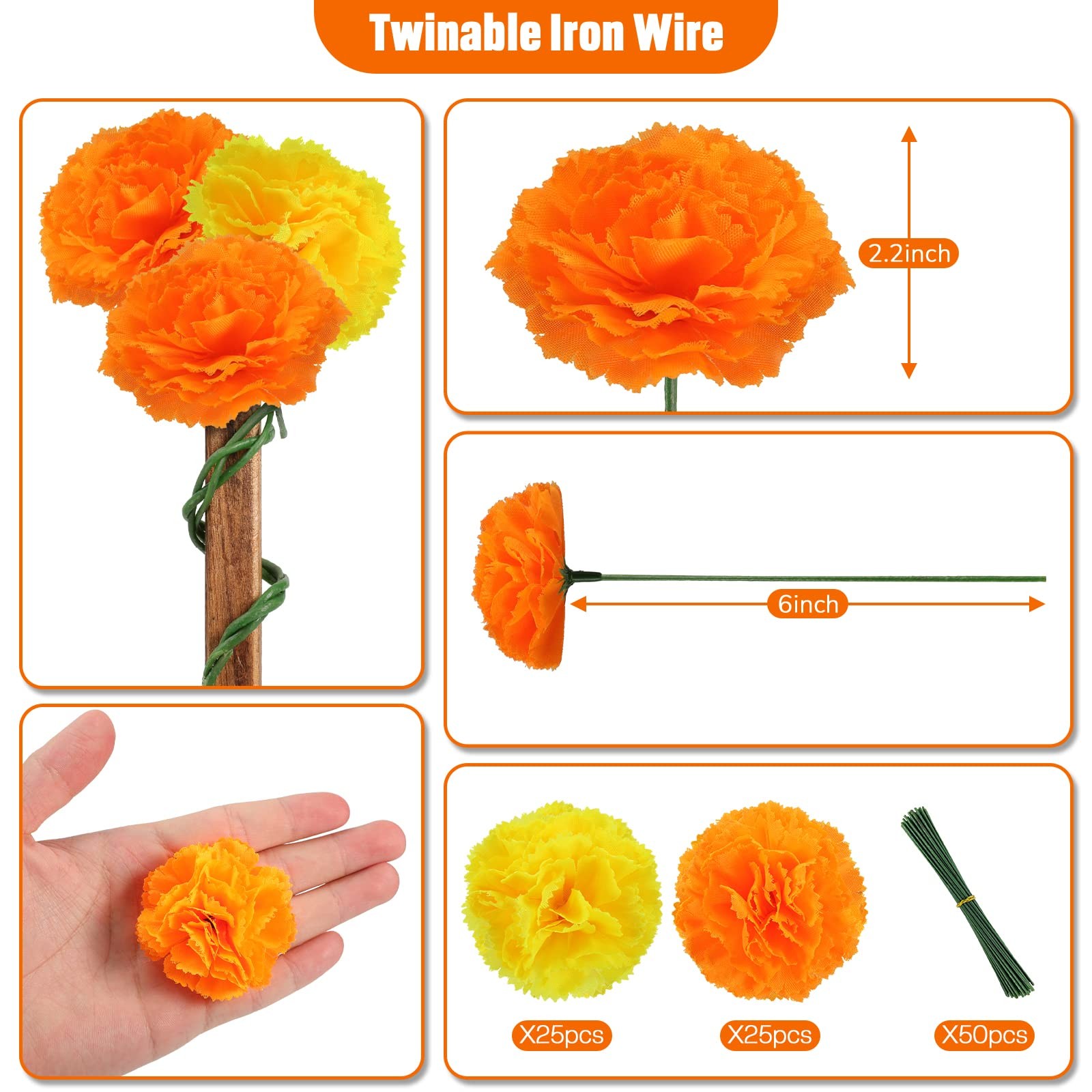 Artificial Marigold Flowers – 50 Pcs Halloween Decoration Orange Marigold Head S