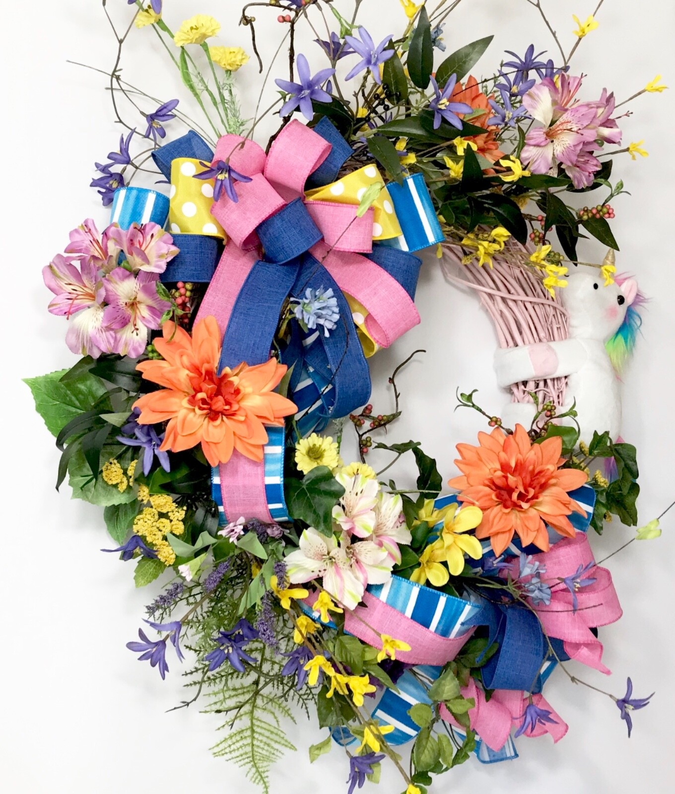 RAINBOW UNICORN PINK GRAPEVINE WREATH FRONT DOOR BRIGHT SUMMER FLOWERS DECOR NEW