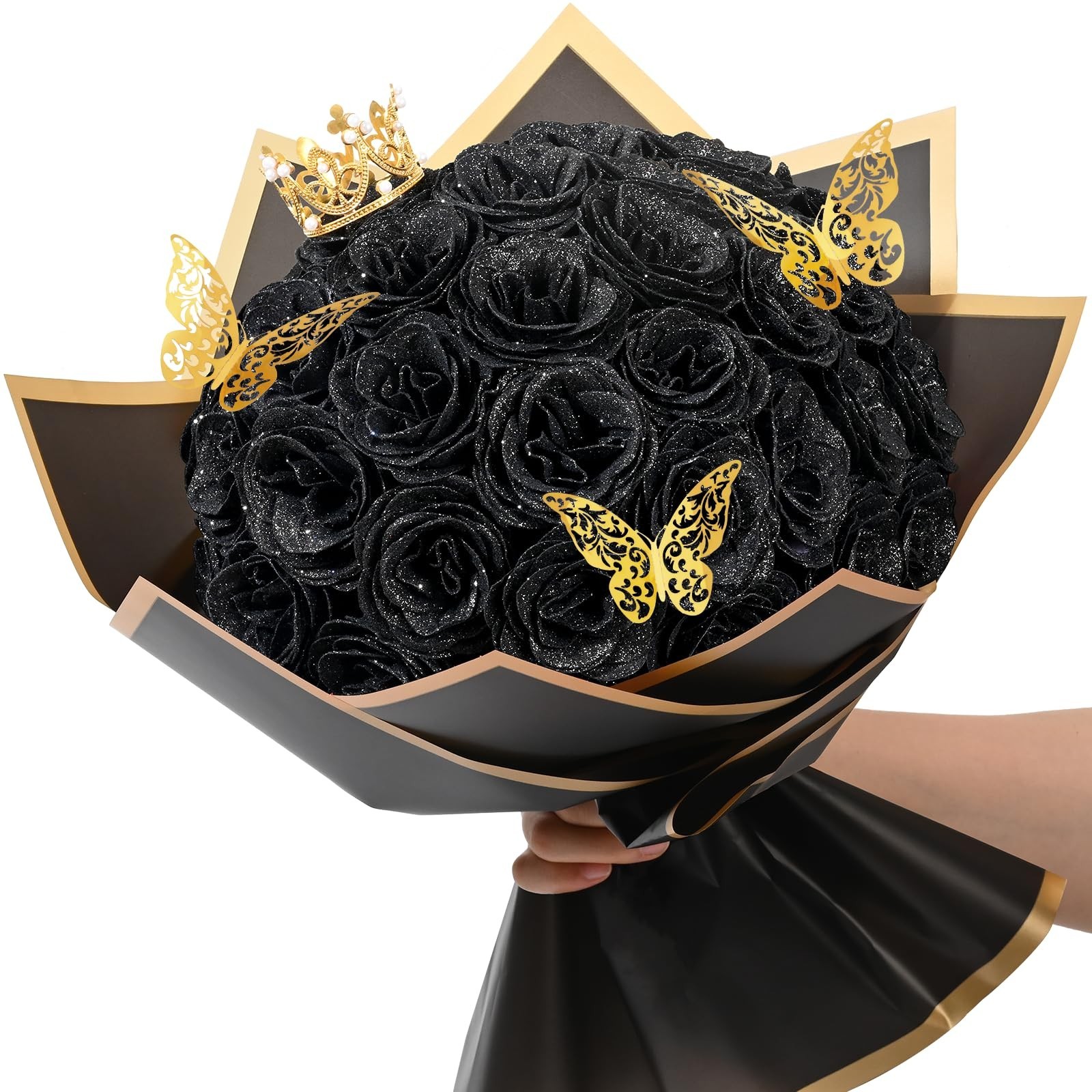 Glitter Black Roses Bouquet – 36 Pcs DIY Fake Flowers for Birthdays, Anniversari