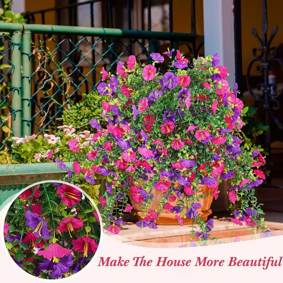 4PCS Artificial Morning Glory Vines UV Resistant Hanging Flowers Outdoor Decor