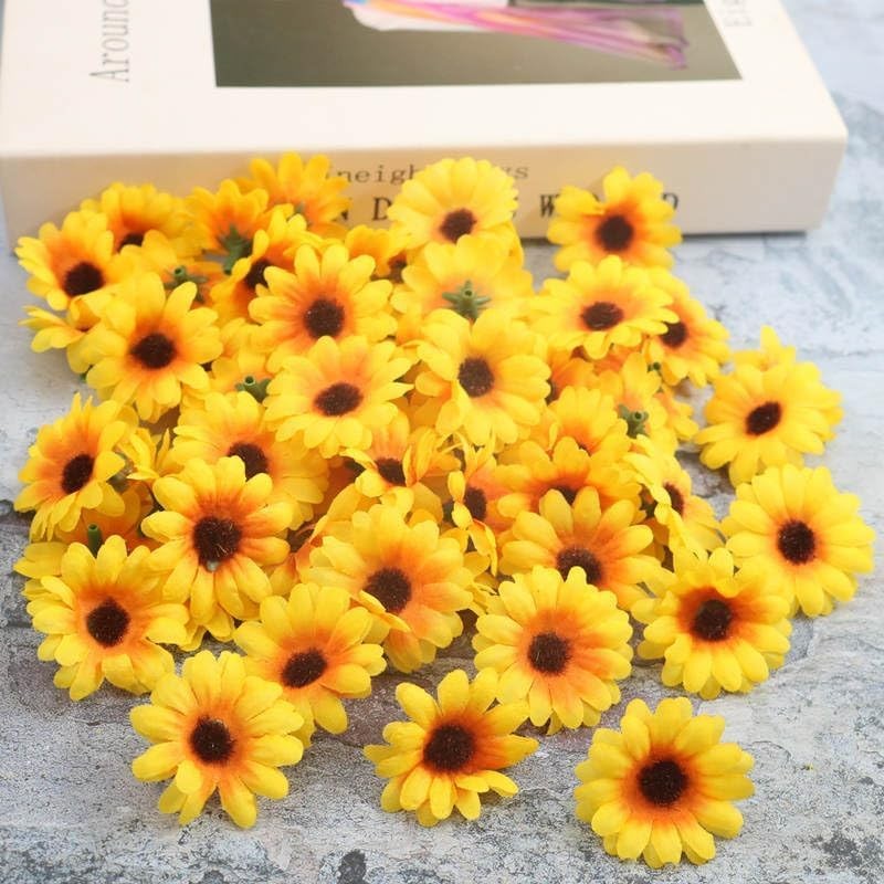 Yellow Mini Artificial Flower Heads 100 PCS Fake Sunflower Fabric Craft Decor