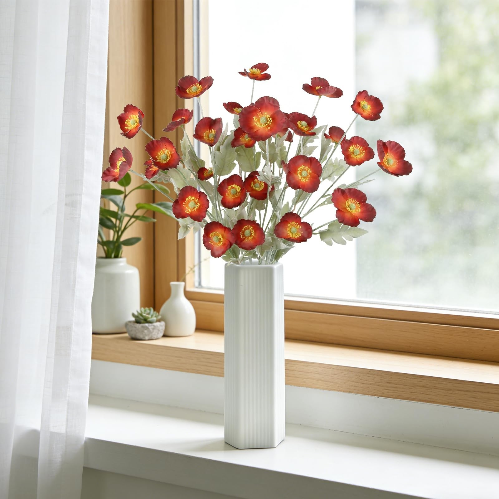 8PCS Red Artificial Poppies 27.6inch Silk Poppy Flowers with Stems Faux Flowe…