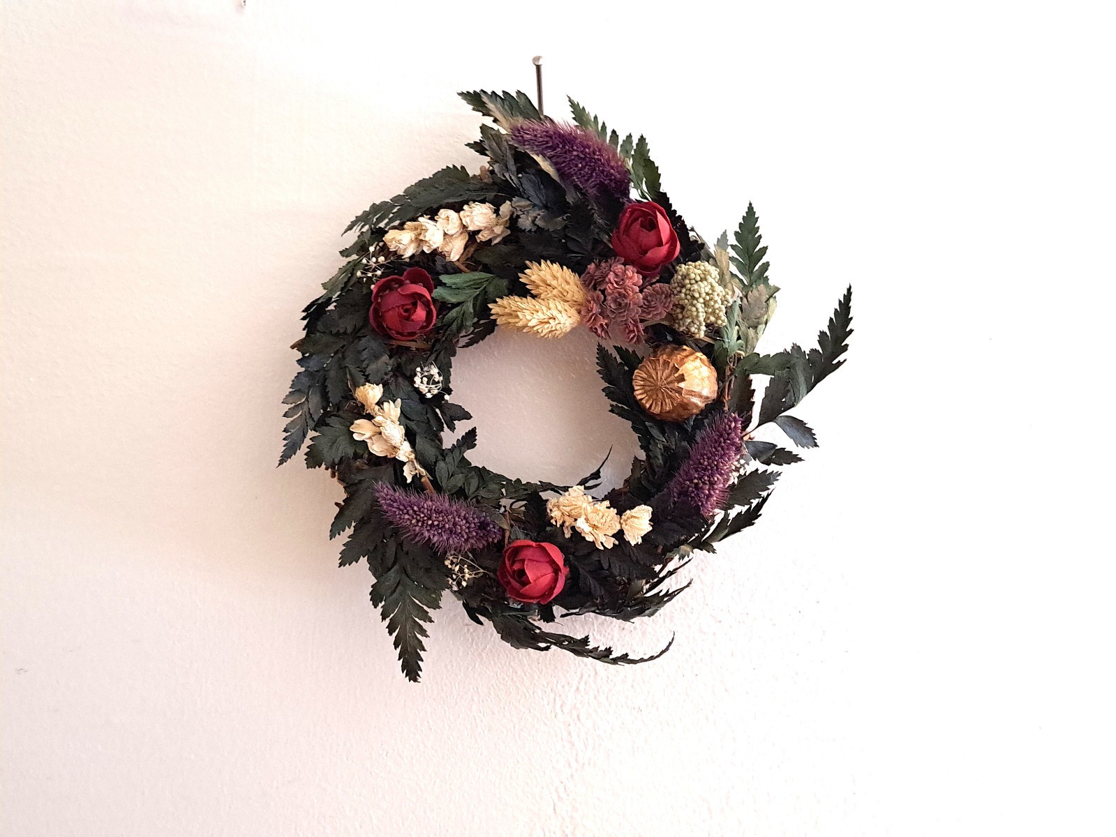 Handmade Leather Leaf Fern Grapevine Wreath Dried & Silk Flower Arrangement