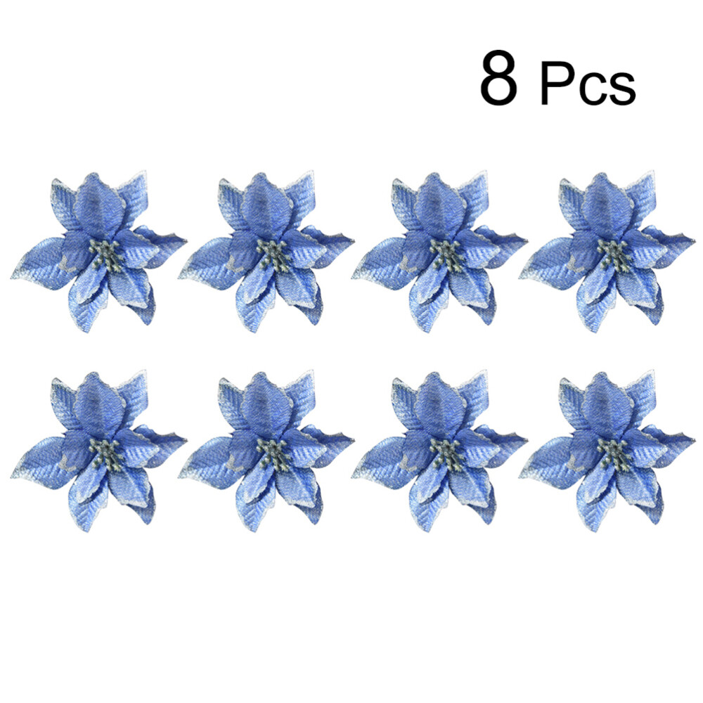 8 Sets Christmas Tree Wreaths Decor Poinsettia Glitter Flower Gold Bow Clip On