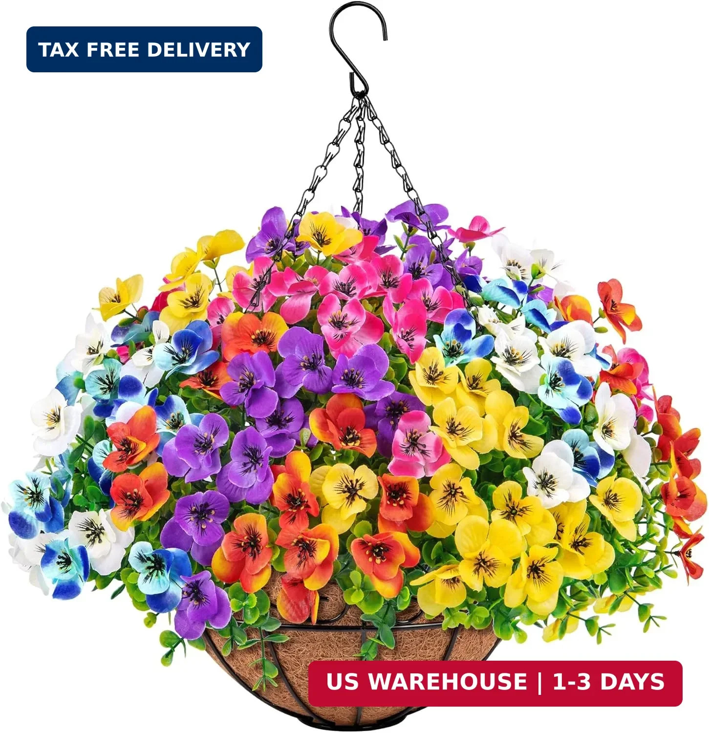 Artificial Hanging Flowers with Baskets for Outdoors, Fake Silk Pansy Flowers UV