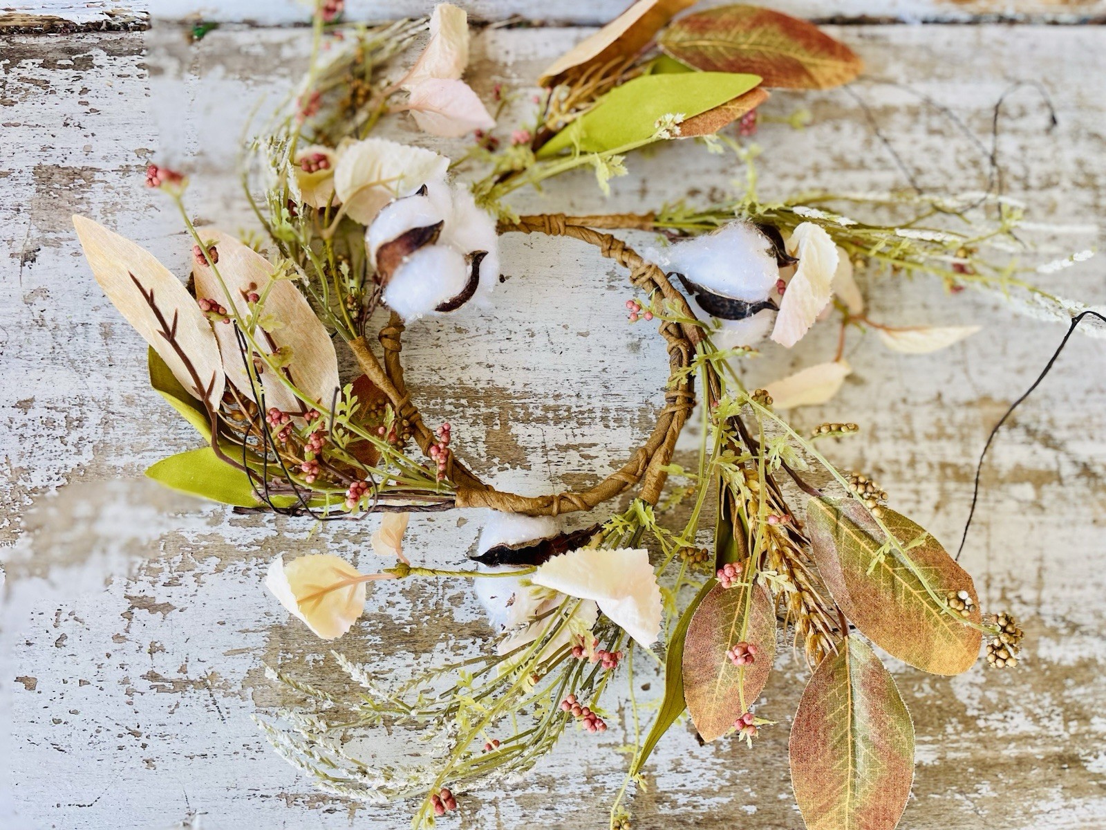 Cotton & Leaves Ring Fall Centerpiece Farmhouse Decor