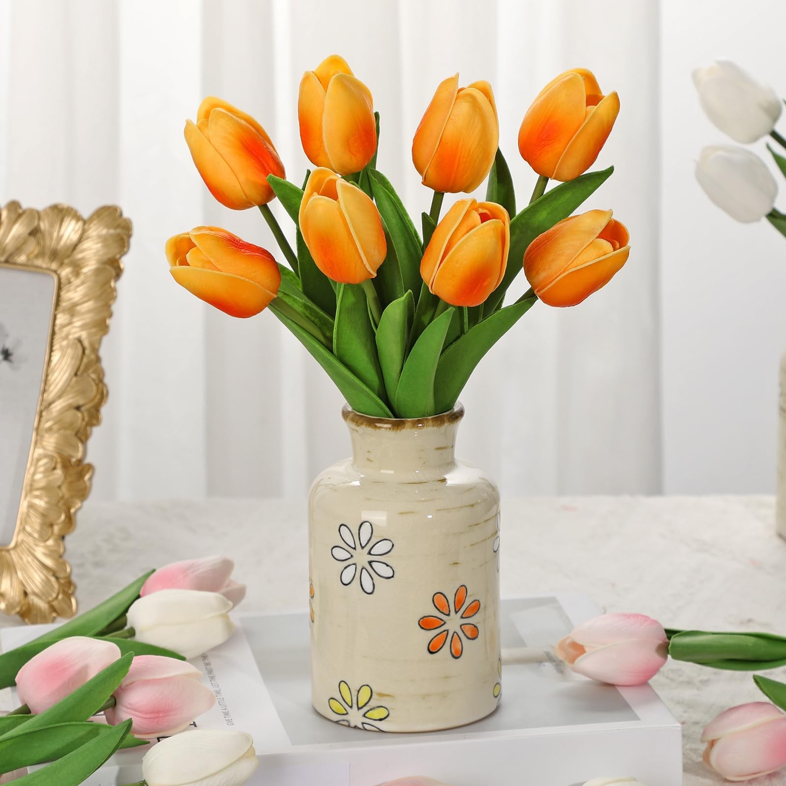 10.6in Artificial Orange Tulips with Ceramic Vase, Real Touch Faux Tulips Flo…