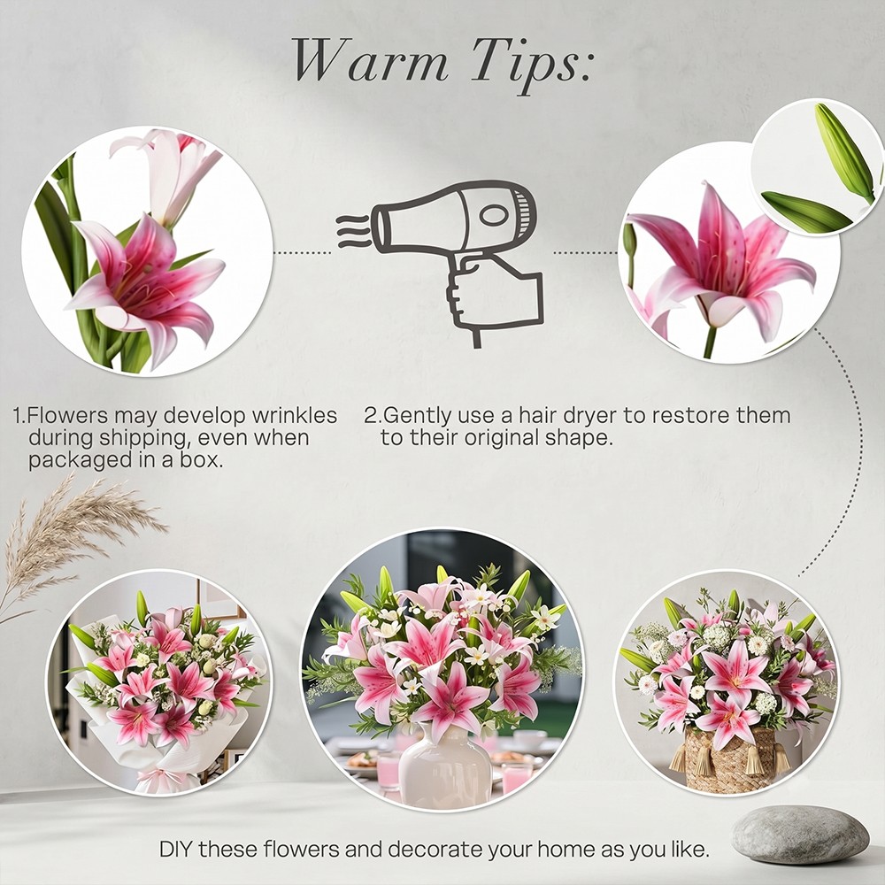 6PCS Artificial Lilies Set with 12 Heads Fully Bloomed Lilies 6 Buds Short Stem