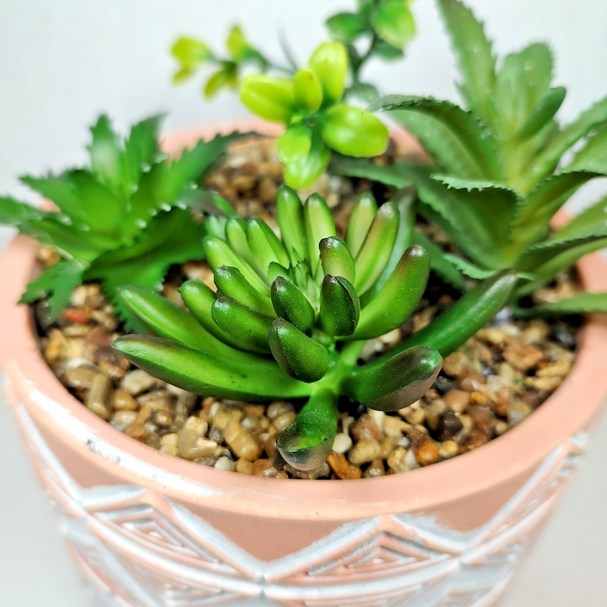 Modern Coastal Geometric Tribal Pattern Planter Pot w/ Faux Succulent Mix Peach