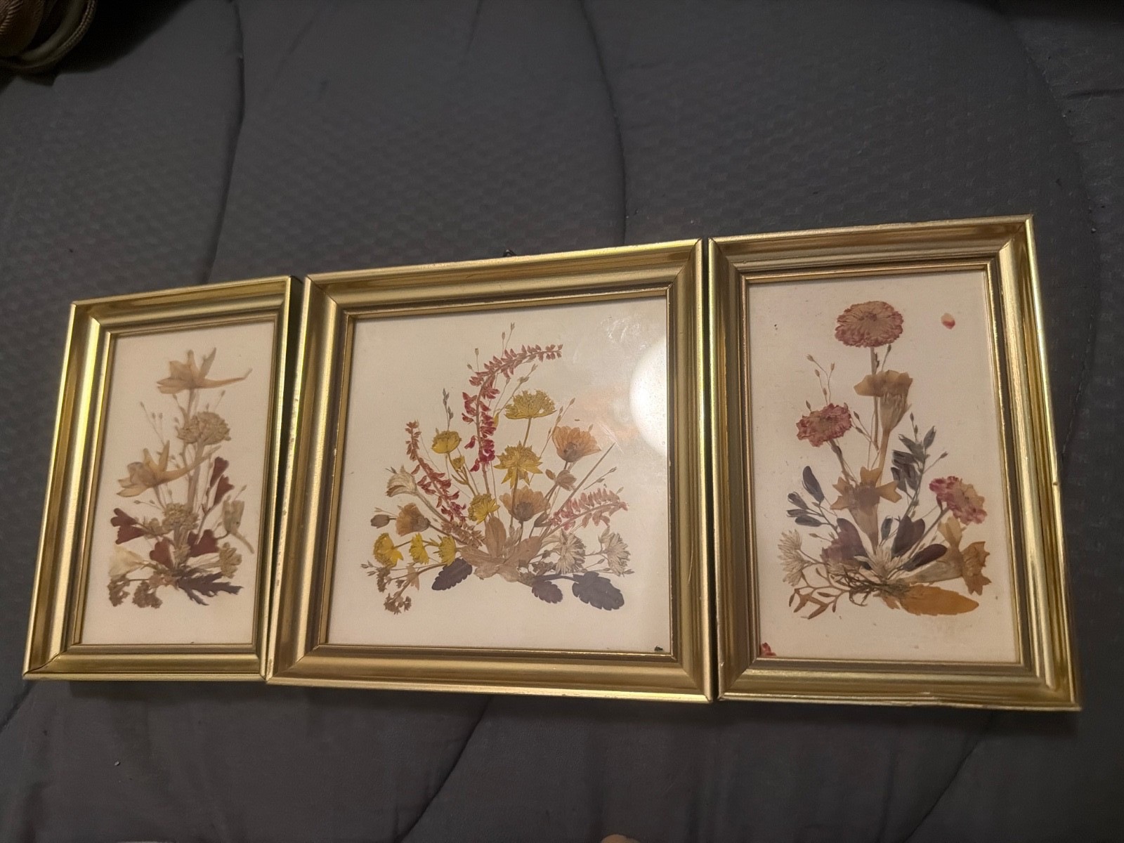 Set 3 Vintage Reichlin Switzerland Dried Flower Arrangements Gold Picture Frame