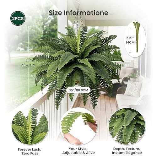 Fake Ferns Set of 2 Faux Boston Ferns Large Artificial Plants, 40 Leaves per…