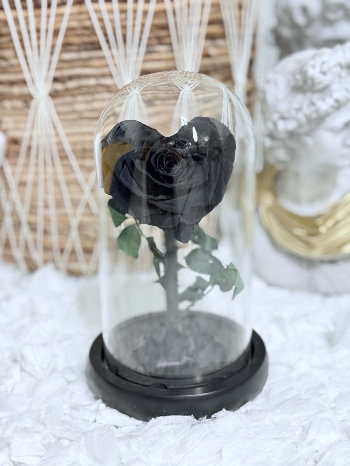 Black Real Rose Preserved Shabby Chic Boho Glass Dome Victorian Gothic Belle